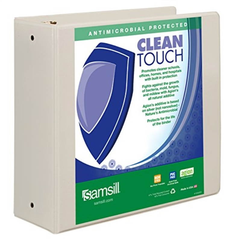 Samsill Clean Touch Round Ring View Binder with Antimicrobial Protection, 4", White