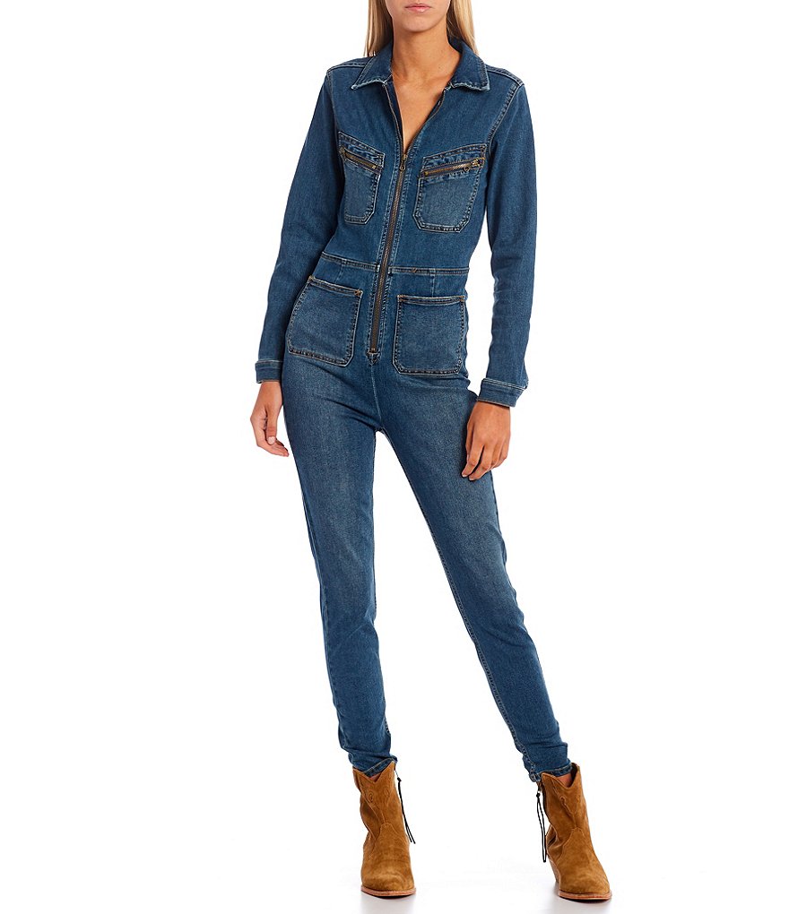 Free People Lennox Zipper Front Stretch Point Collar Long Sleeve Denim Jumpsuit