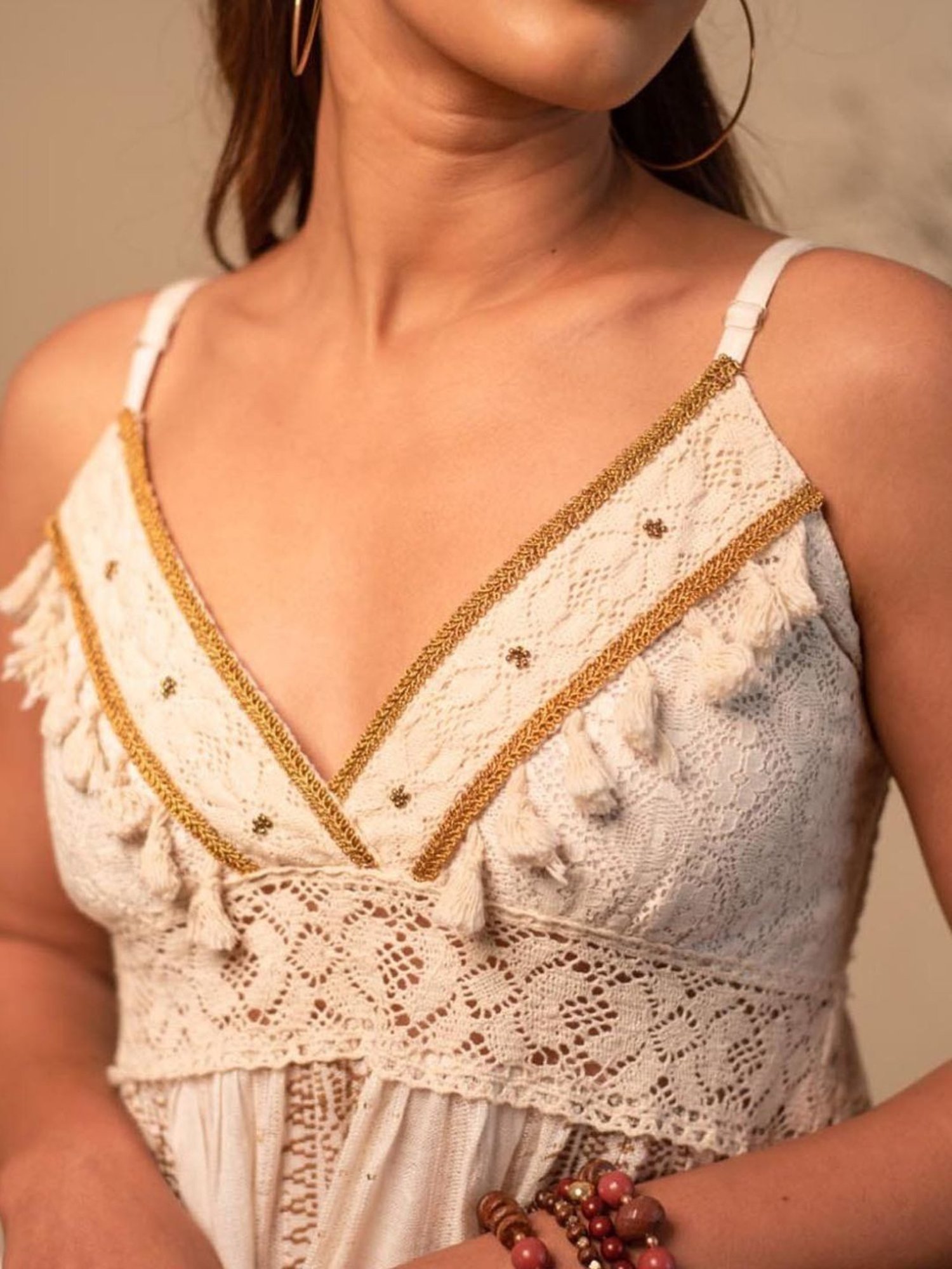 LABEL REYYA Boho Off White Lace Co-ord Set (Set Of 2)