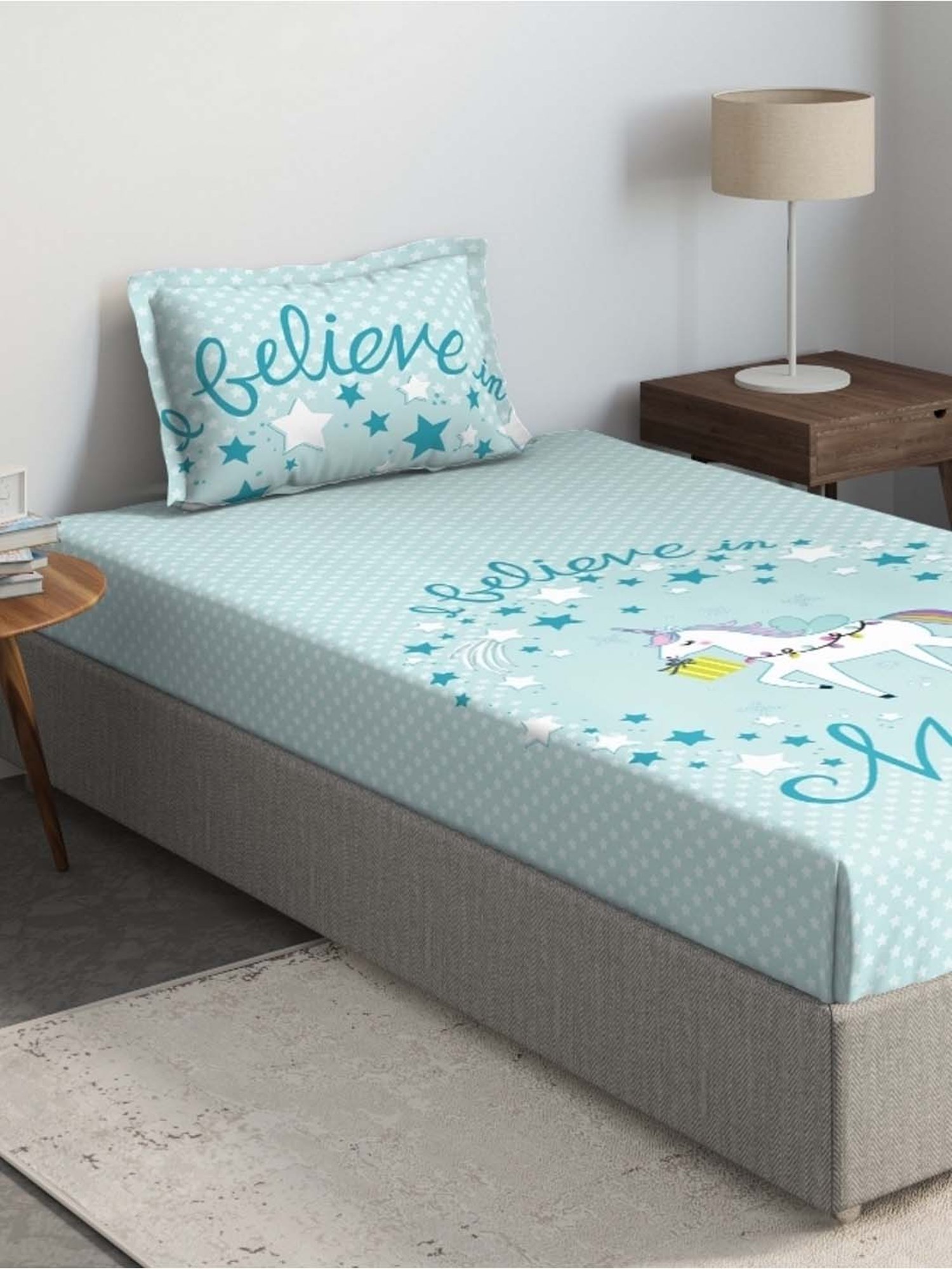 DDECOR - Unicorn 100% Cotton Single Bedsheet with 1 Pillow Covers, Turquoise