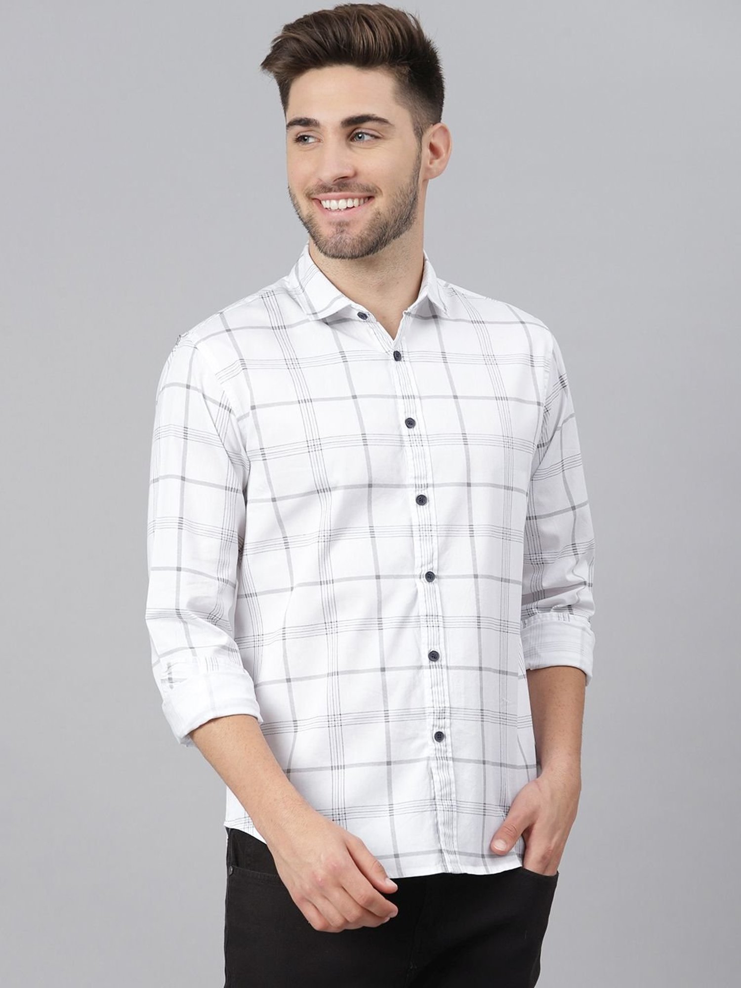 Dennis Lingo White Cotton Slim Fit Checks Shirt