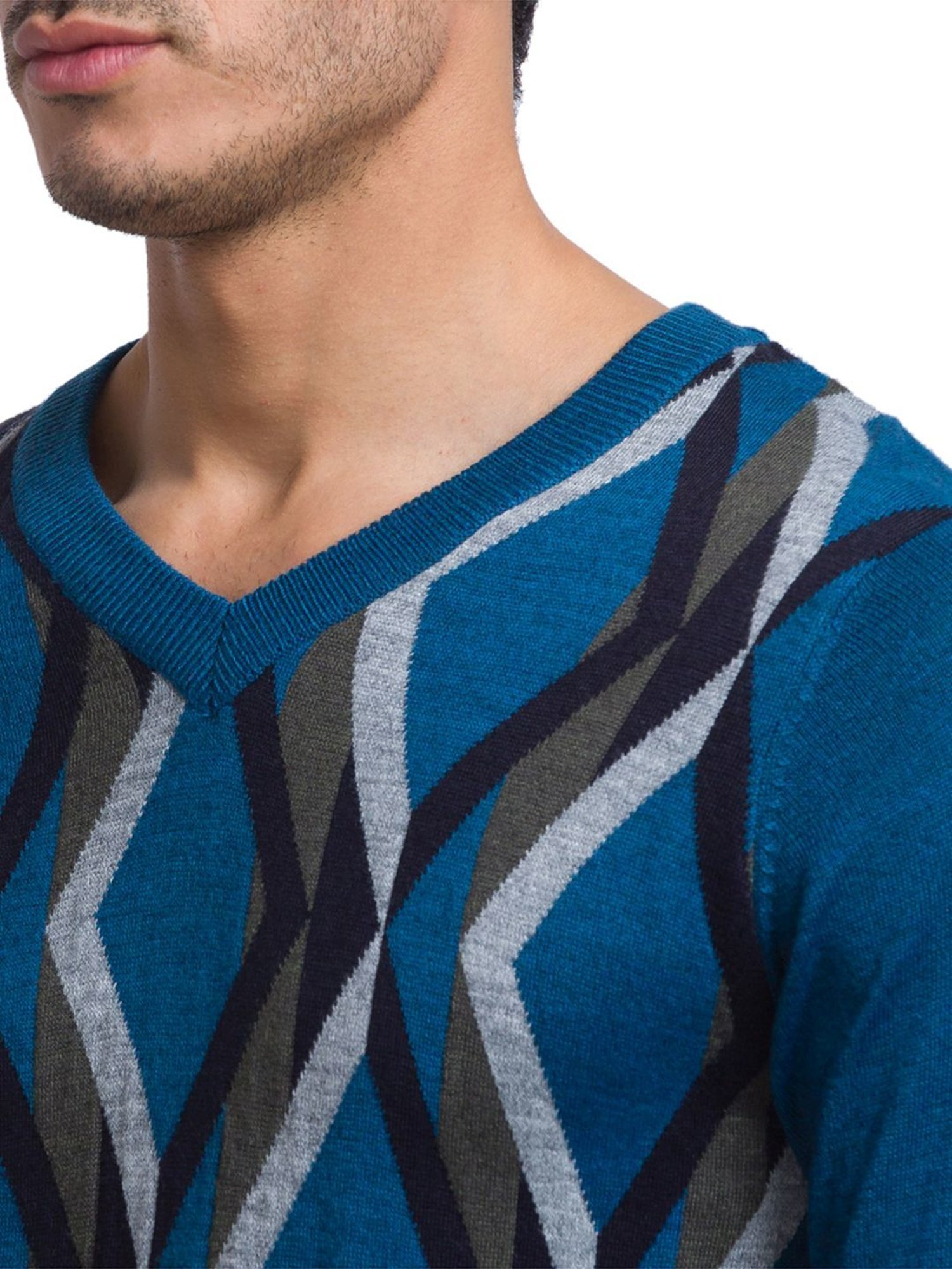 Parx Blue Regular Fit Printed Sweater