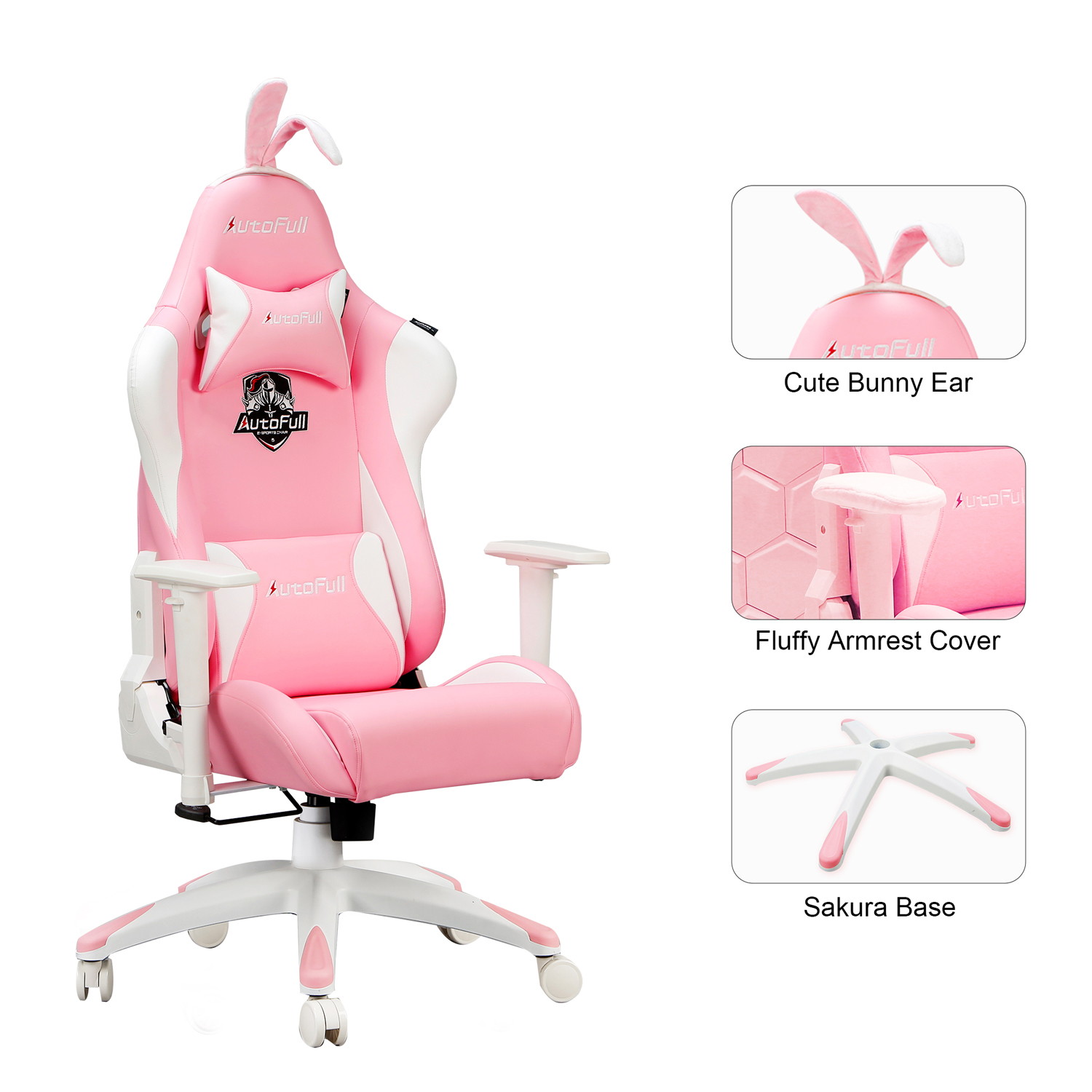 AutoFull Pink Gaming Chair Desk Chair Office Chair PU Leather High Back Ergonomic Racing Office Desk Computer Chairs with Lumbar Support, Rabbit Ears