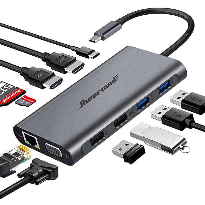USB C HubUSBC Laptop Docking Station11 in 1 Triple Display Type C Adapter Compatiable for MacBook and Windows2HDMI VGA PD30 SD TF Card Reader Gigabit Ethernet 4USB Ports