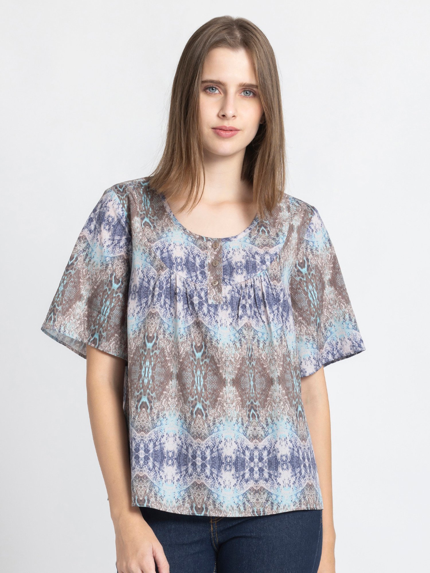 SHAYE Grey & Blue Printed Top