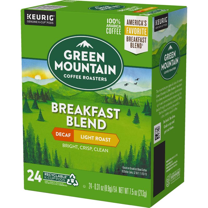 24ct Green Mountain Coffee Breakfast Blend Decaf Keurig K-Cup Coffee Pods Decaffeinated Light Roast