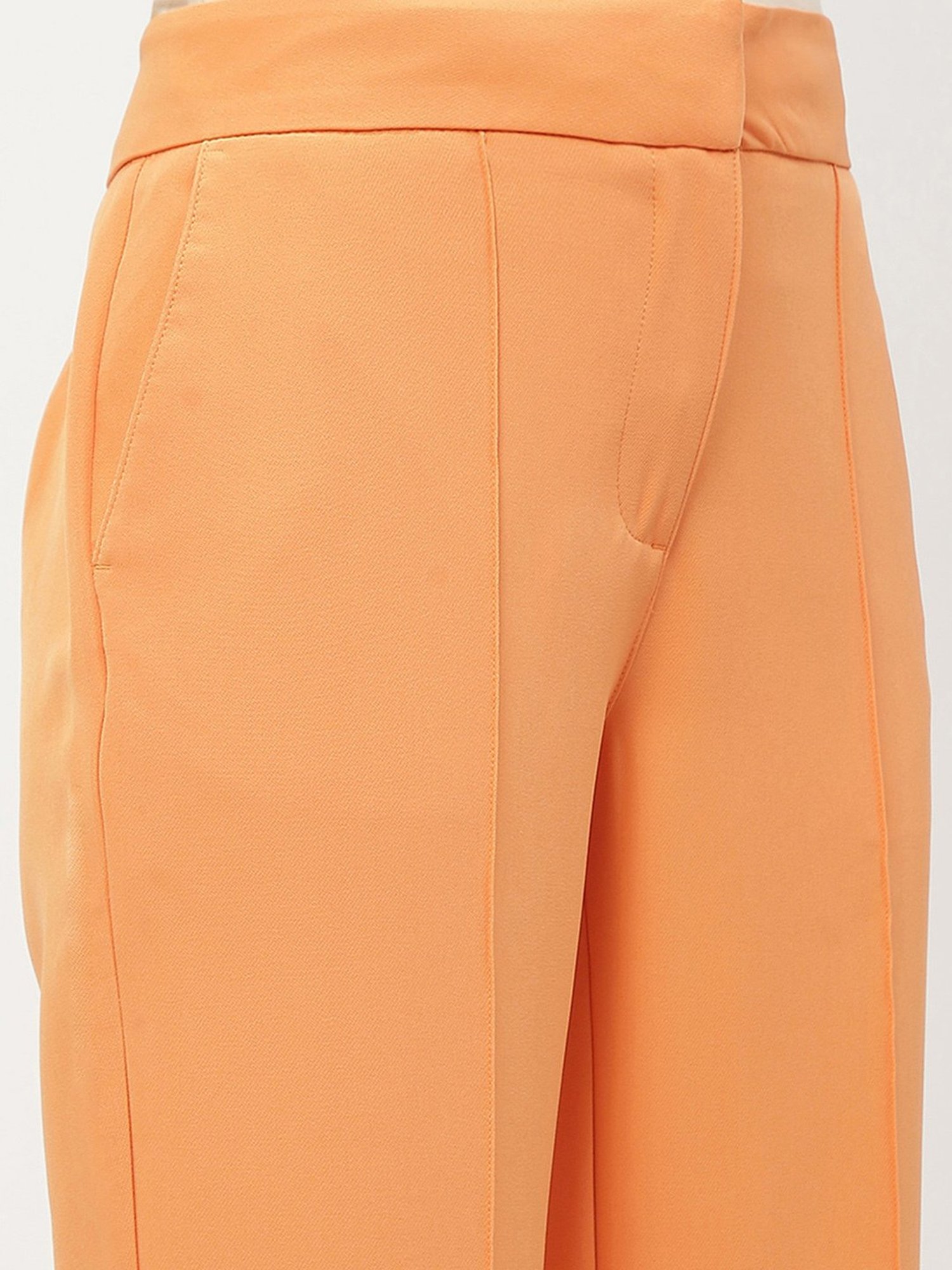 MADAME Orange Cotton Regular Fit Mid Rise Trousers