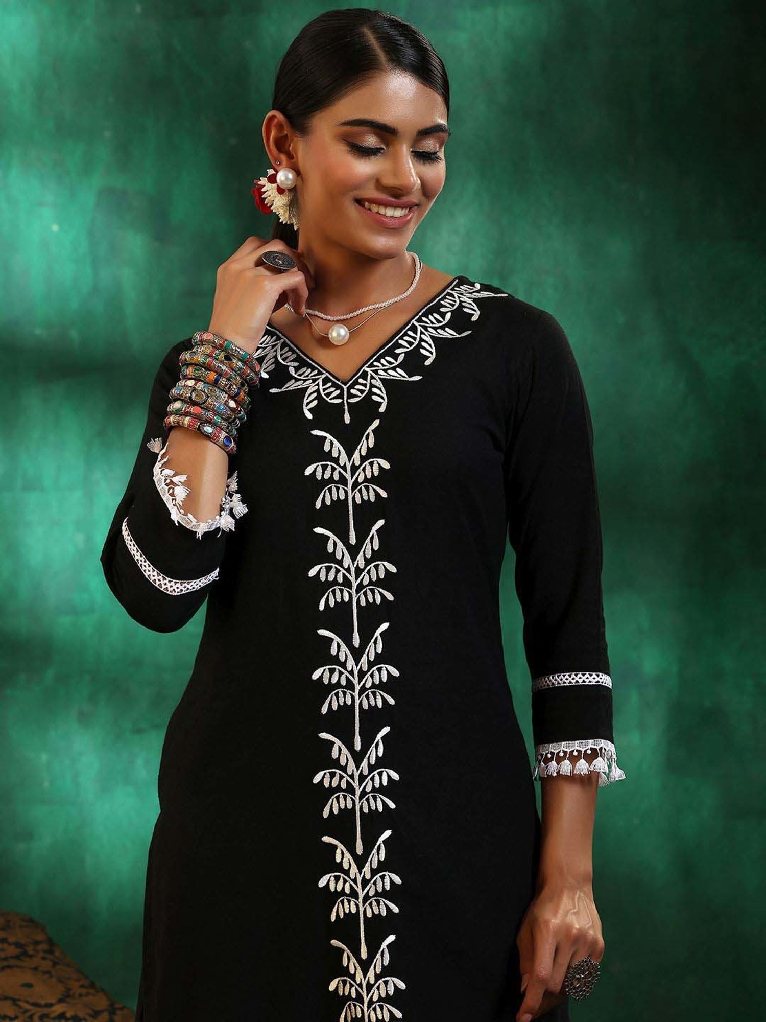 Libas Black Cotton Embroidered Kurta Pant Set With Dupatta