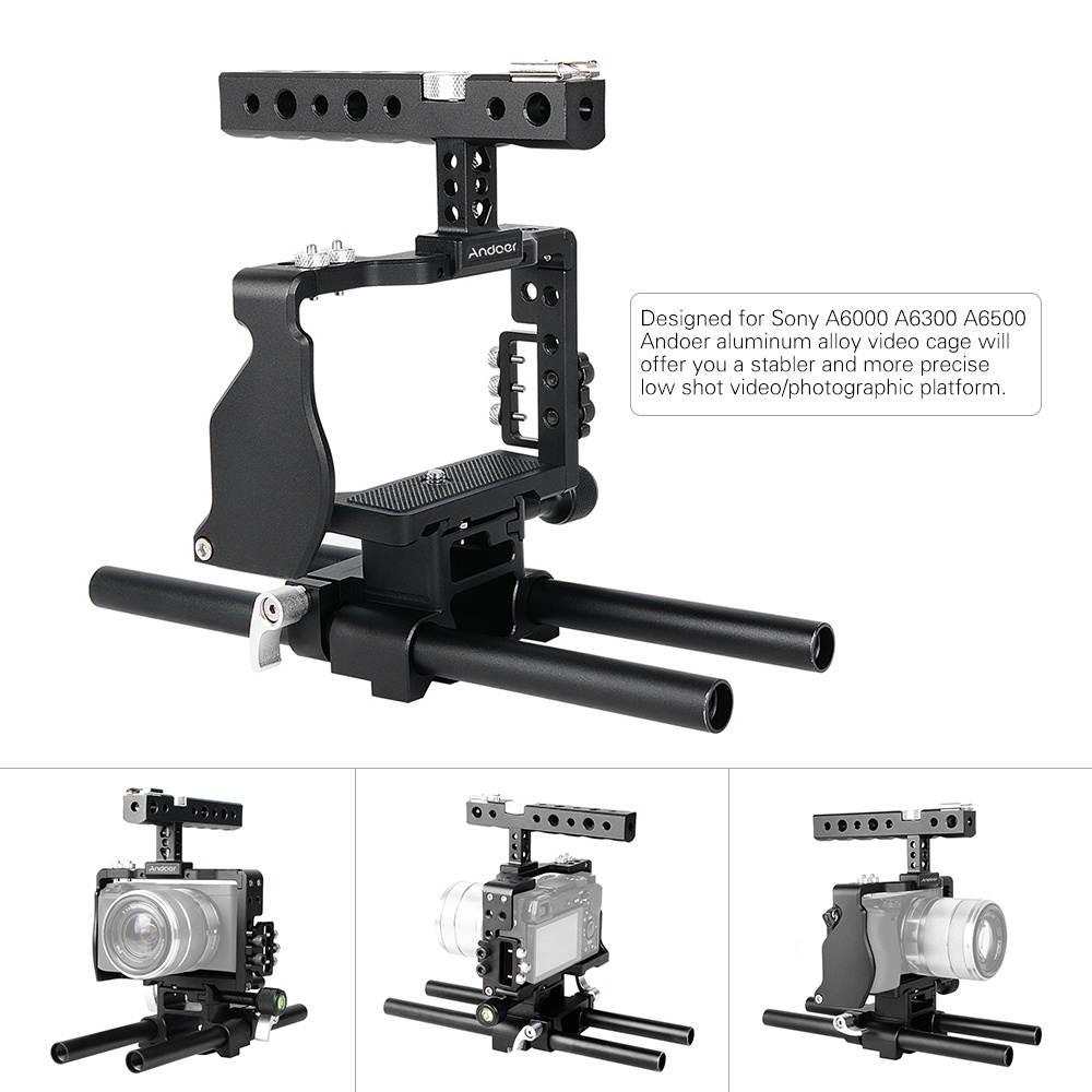 Andoer Professional Video Cage Rig Kit Film Making System w/ 15mm Rod Accessory Replacement for Sony A6000 A6300 A6500 ILDC Mirrorless Camera Camcorder