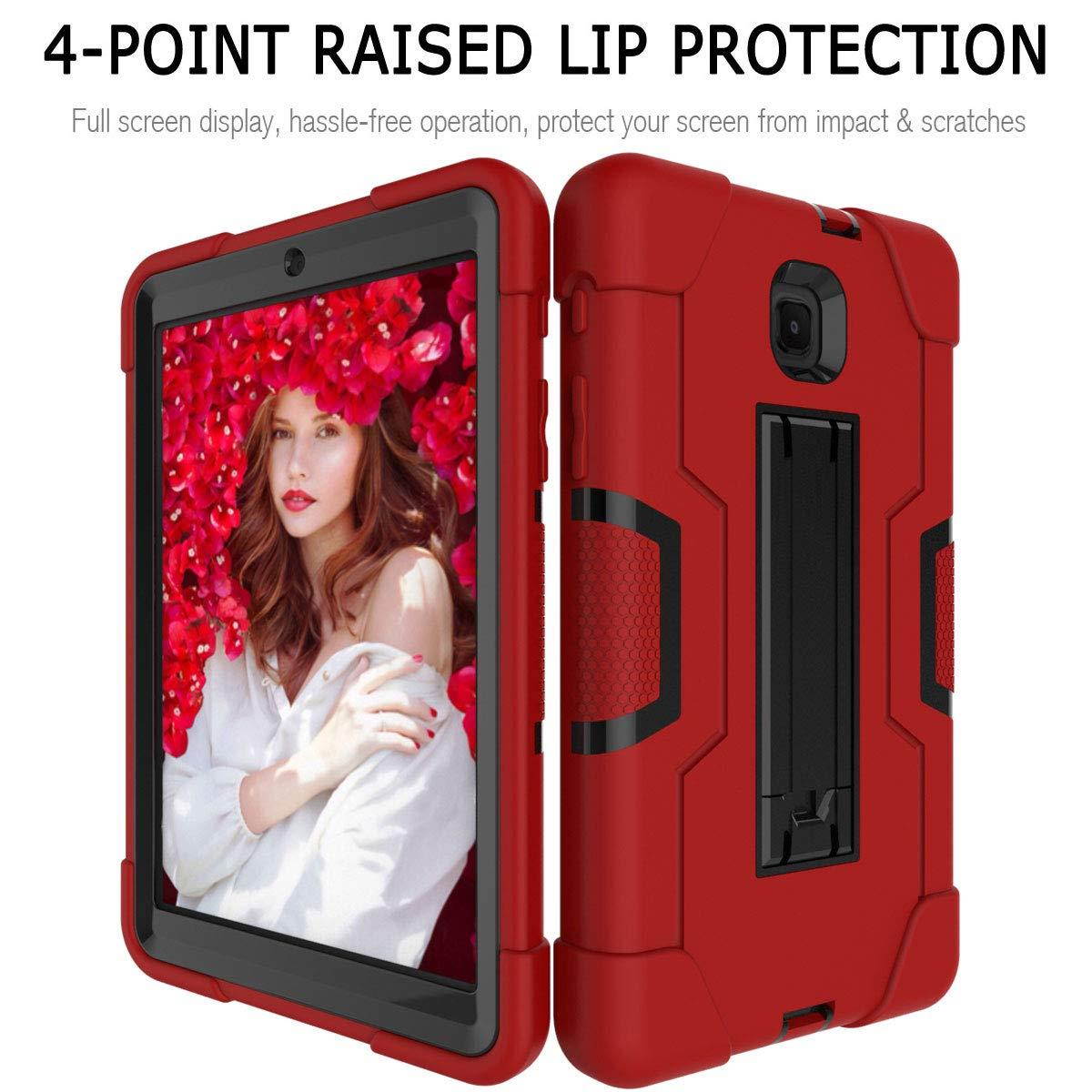 FastSun Hybrid Silicone Hard Back Rugged Shockproof Protection Case Armor Dual Structure Military Heavy Duty Rubber with Plastic Stand Cover for Samsung Tab A 8.0 2018 T387 / T387V (Red-Black)