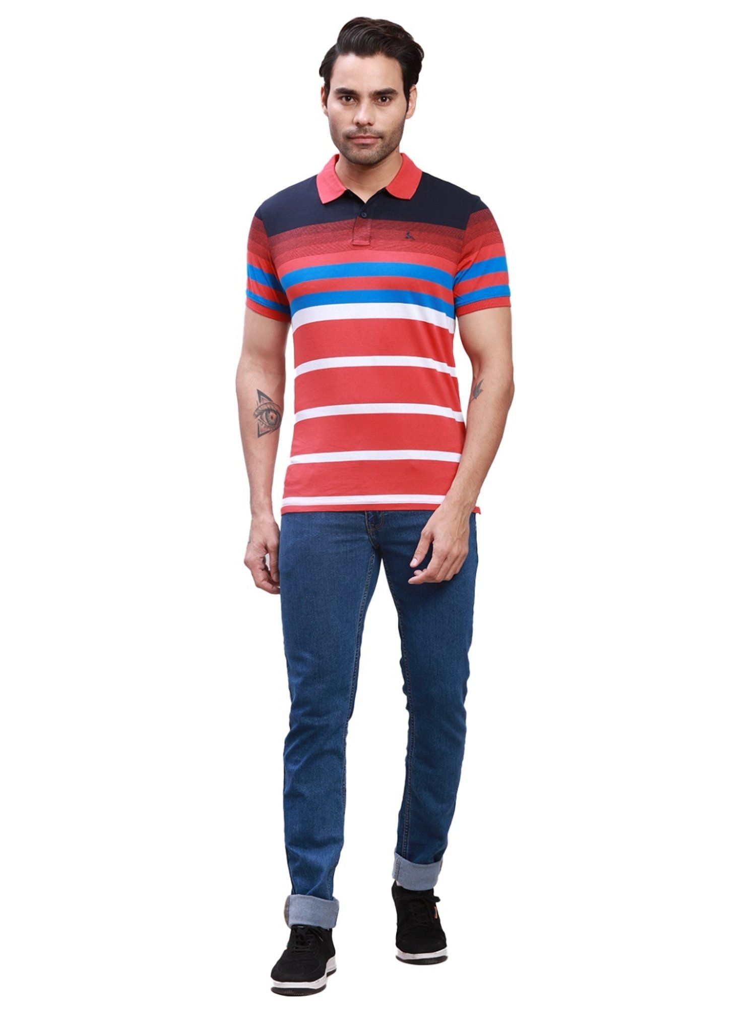 Parx Red Cotton Regular Fit Striped Polo T-Shirt