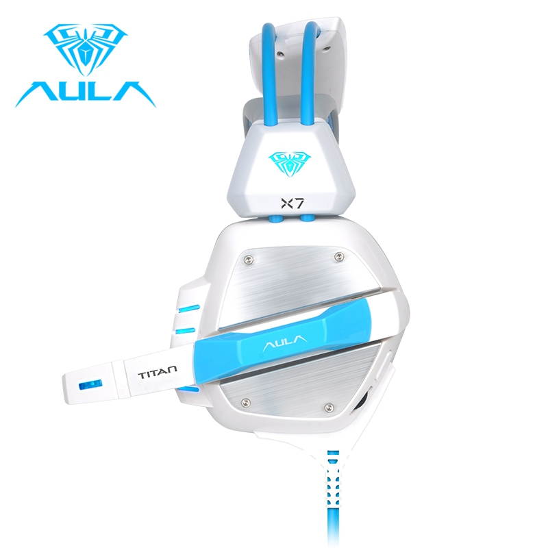 AULA X7 USB Wired Cool LED  Gaming Headset 7.1 Sound Effect Microphone Game headphone With Noise Cancelling & Volume Control for Laptop Computer Game, White and Blue