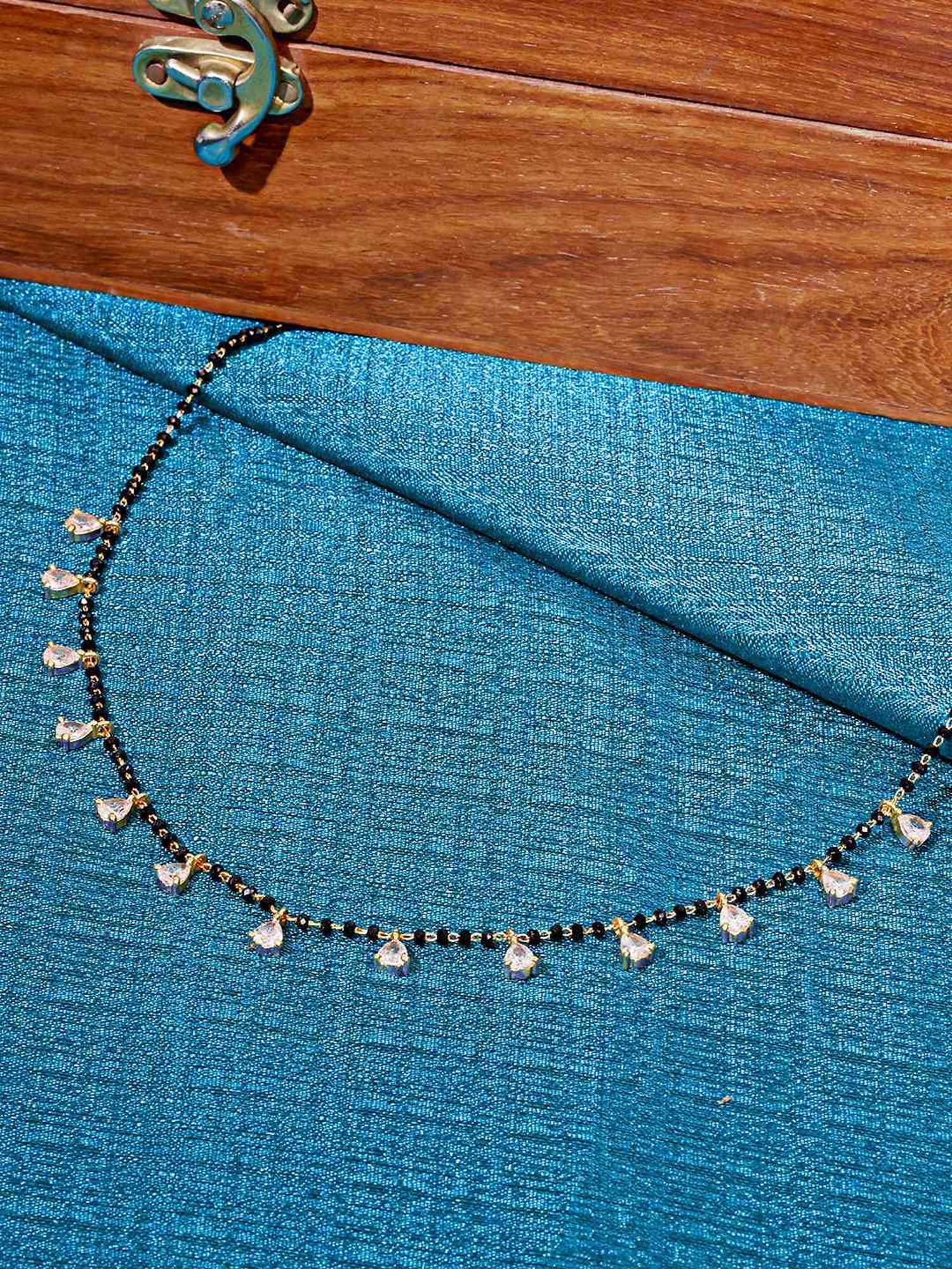 Abdesigns Gold-Plated Black Beaded American Diamond Mangalsutra