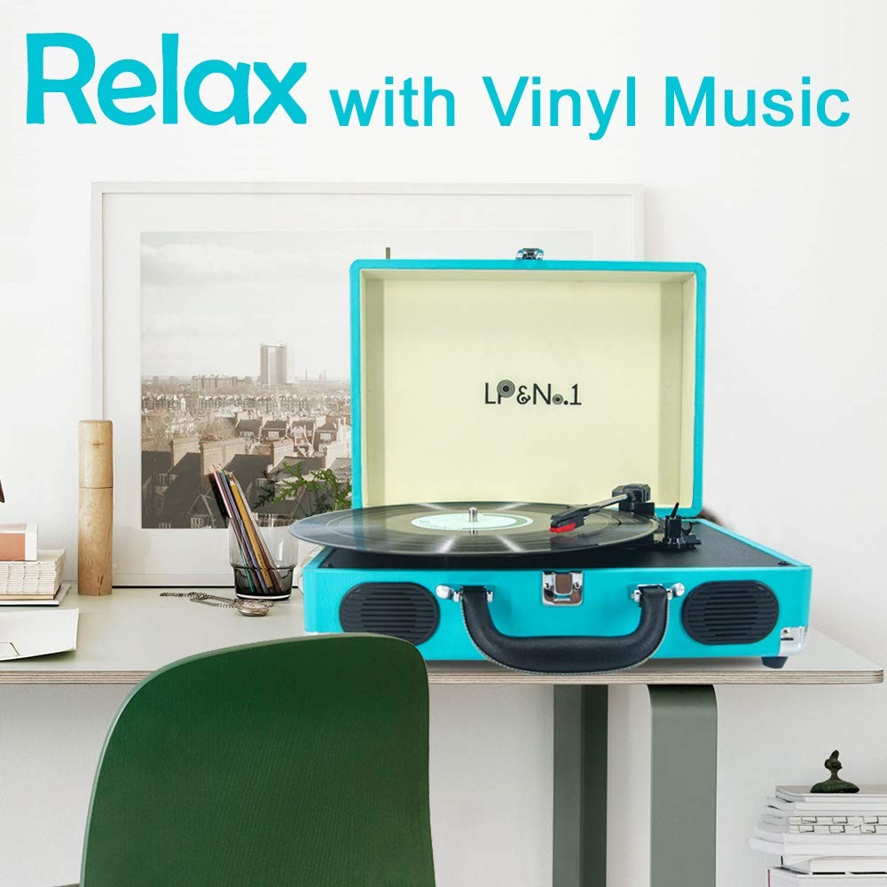 LP&No.1 Suitcase Bluetooth Turntable with Stereo Speaker,3 Speeds Vinyl Record Player Turquoise