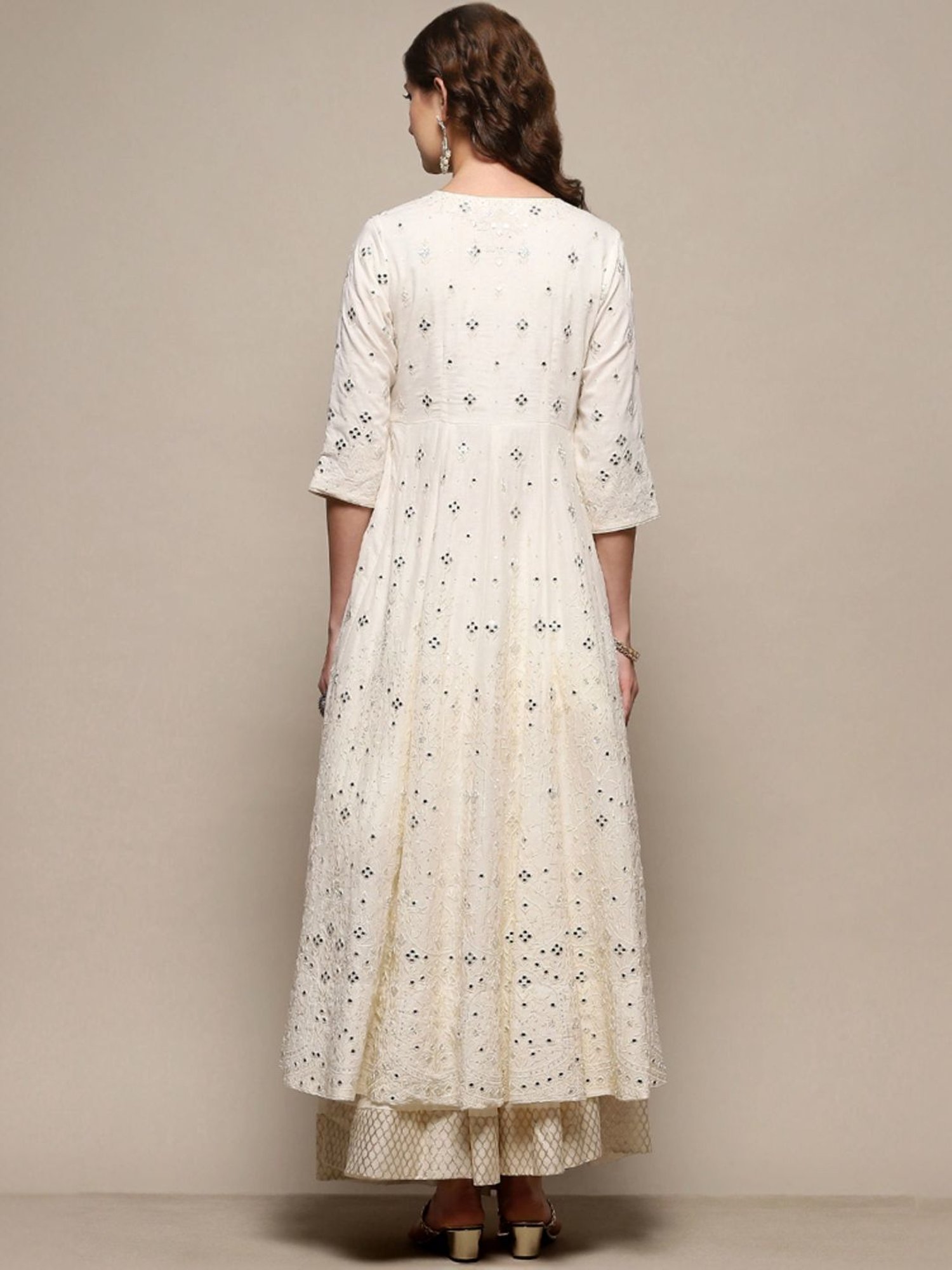 Biba Off-White Cotton Embroidered Kurta Skirt Set With Dupatta