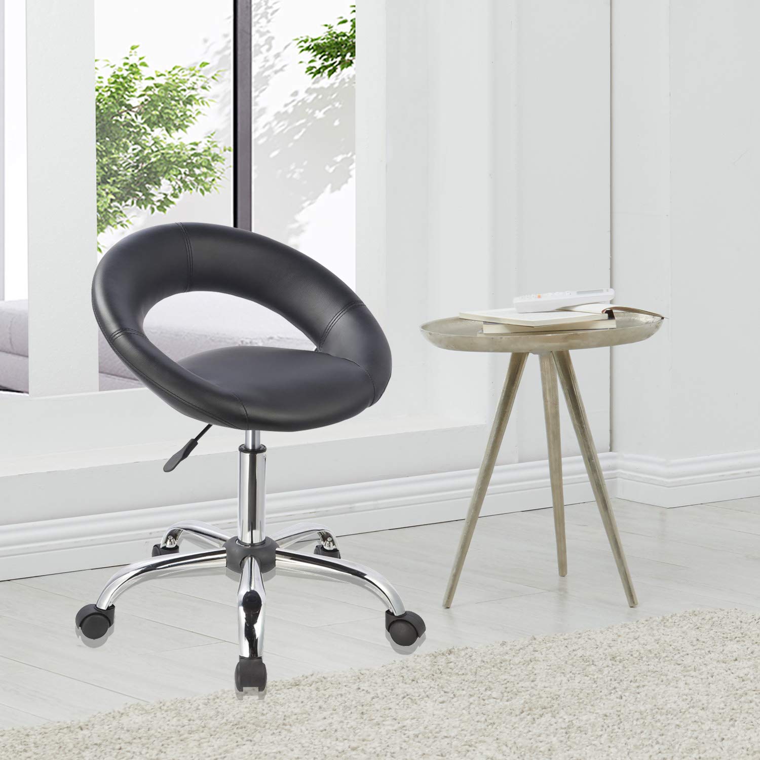 Desk Chair Work Stool Crescent Adjustable Swivel Task Chair on Wheels (Black)