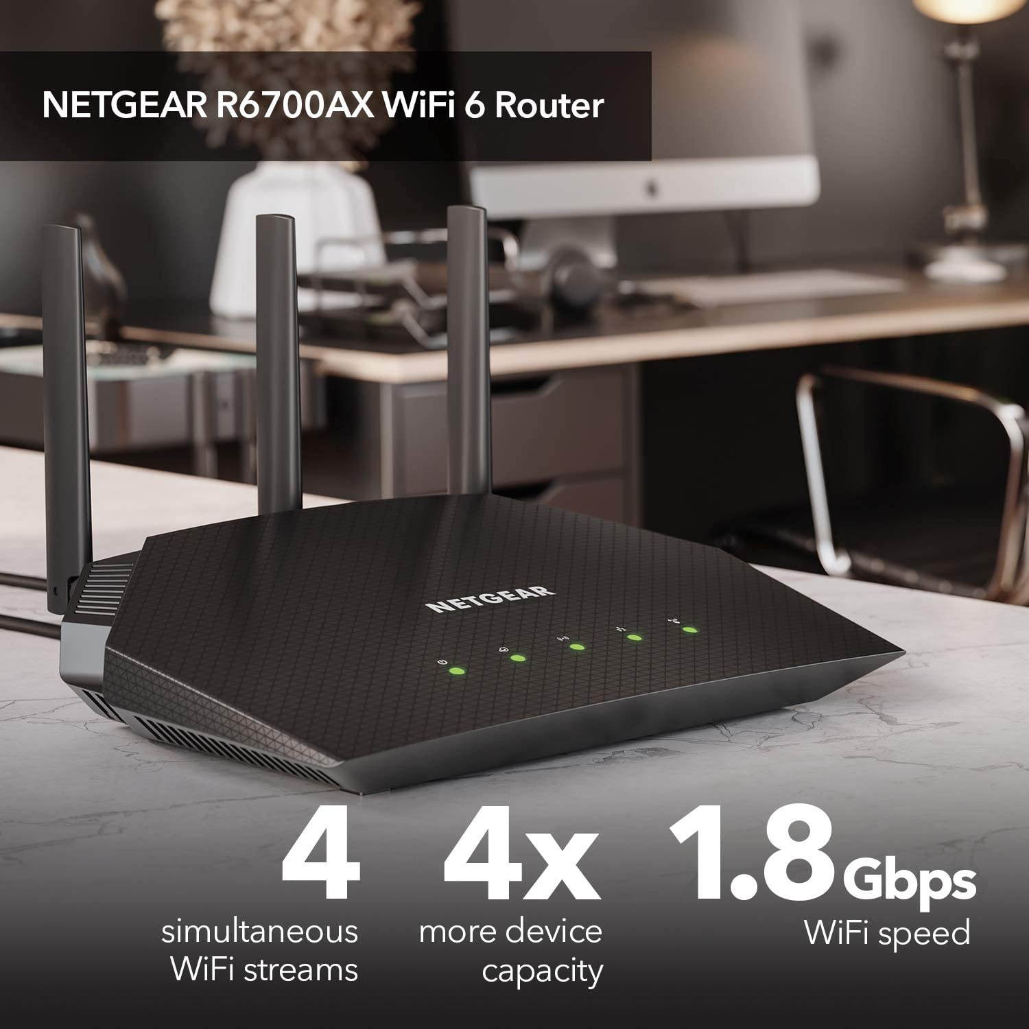 NETGEAR 4-Stream WiFi 6 Router (R6700AX) ?C AX1800 Wireless Speed (Up to 1.8 Gbps) | 1500 sq. ft. Coverage