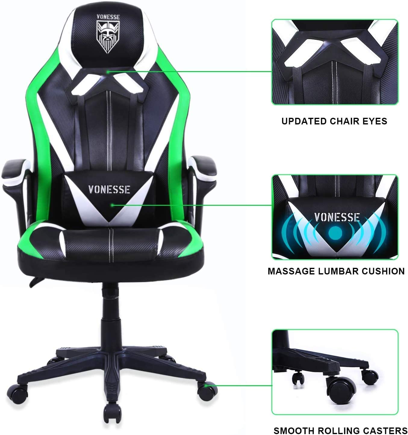 Vonesse Green Gaming Chair, Gaming Desk Chair for Teens, Computer Chair with Massage, High Back Home Office Desk Chairs, Big and Tall Gamer Chair, Computer Desk Chair, Game Chair for Kids (Green)
