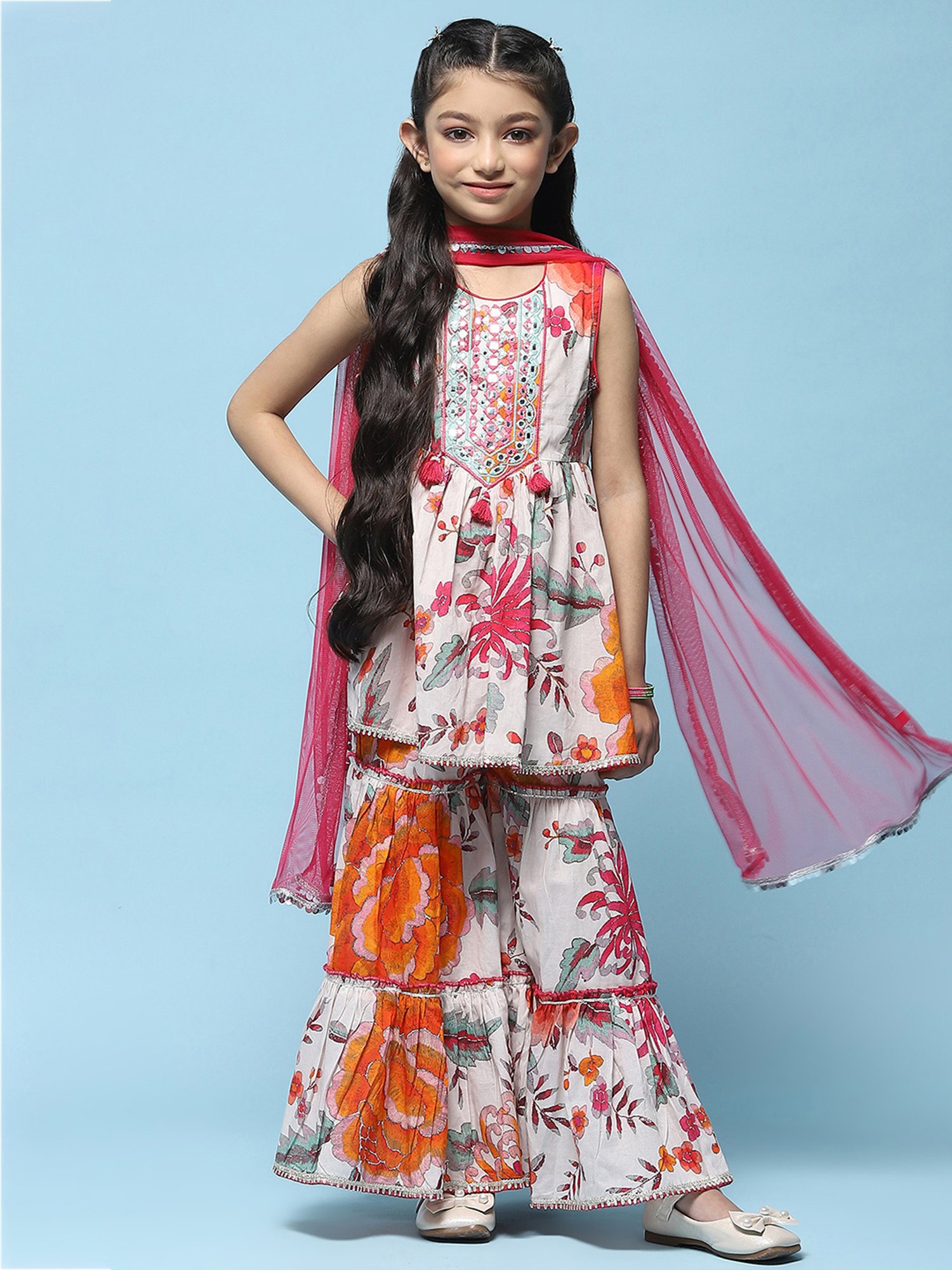 BIBA Girls White & Pink Printed Kurta, Sharara with Dupatta