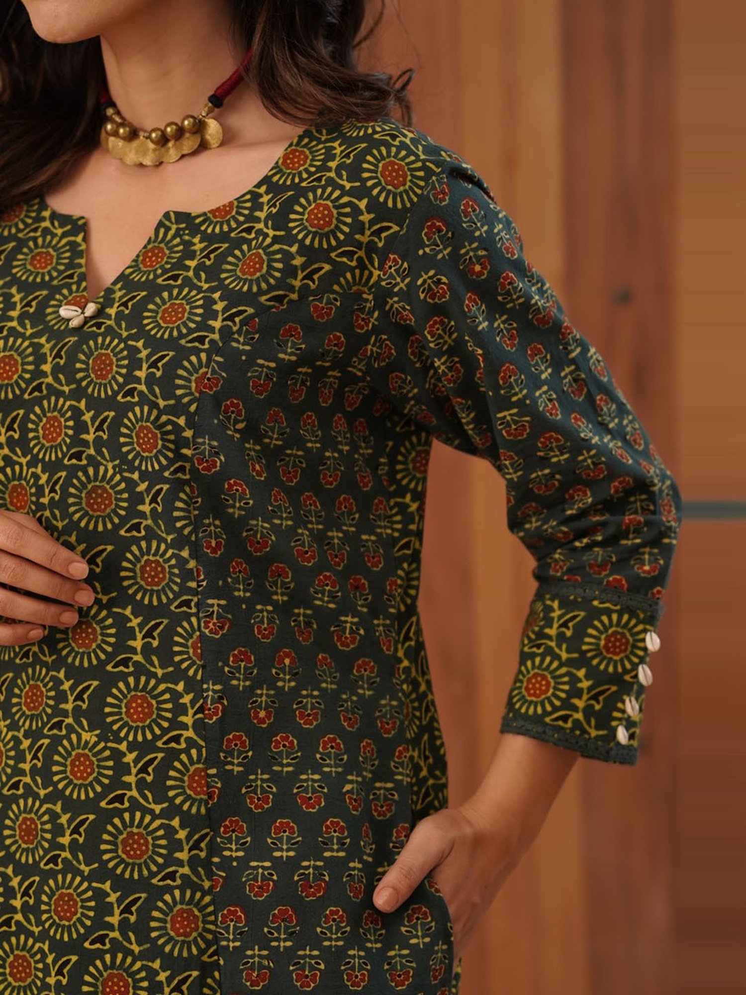 Love Chic Ajrakh A-Line Cotton Long Kurta with cowrie shells