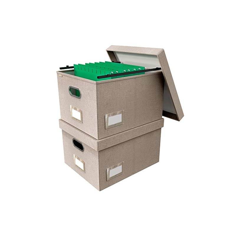 Boxes for Hanging s | Decorative Hanging Folder Organizer with Lid | Portable Filing Box with Patent-Pending Folder Glides for Easy Movement | Beige Linen Storage Solutions - Set of 2