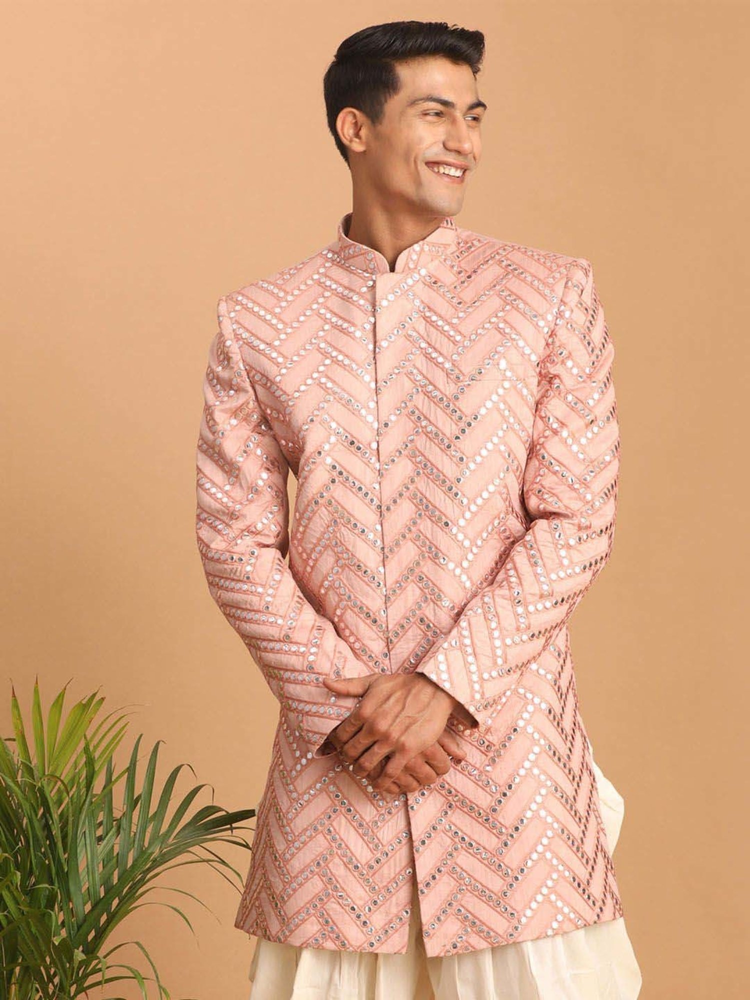 Hangup Plus Beige & Black Regular Fit Printed Sherwani Set