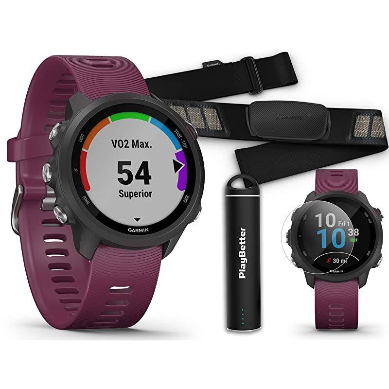 Garmin Forerunner 245 (Berry) Power Bundle | +HD Screen Protectors &  Portable Charger | Advanced Analytics, Heart Rate | Running GPS Watch | 010-02120-01
