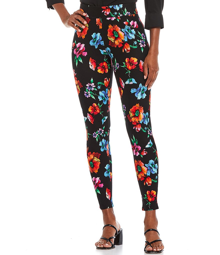 Slim Factor by Investments Watercolor Floral Print Ponte Classic Waist Ankle with Tie Knot Hem Leggings
