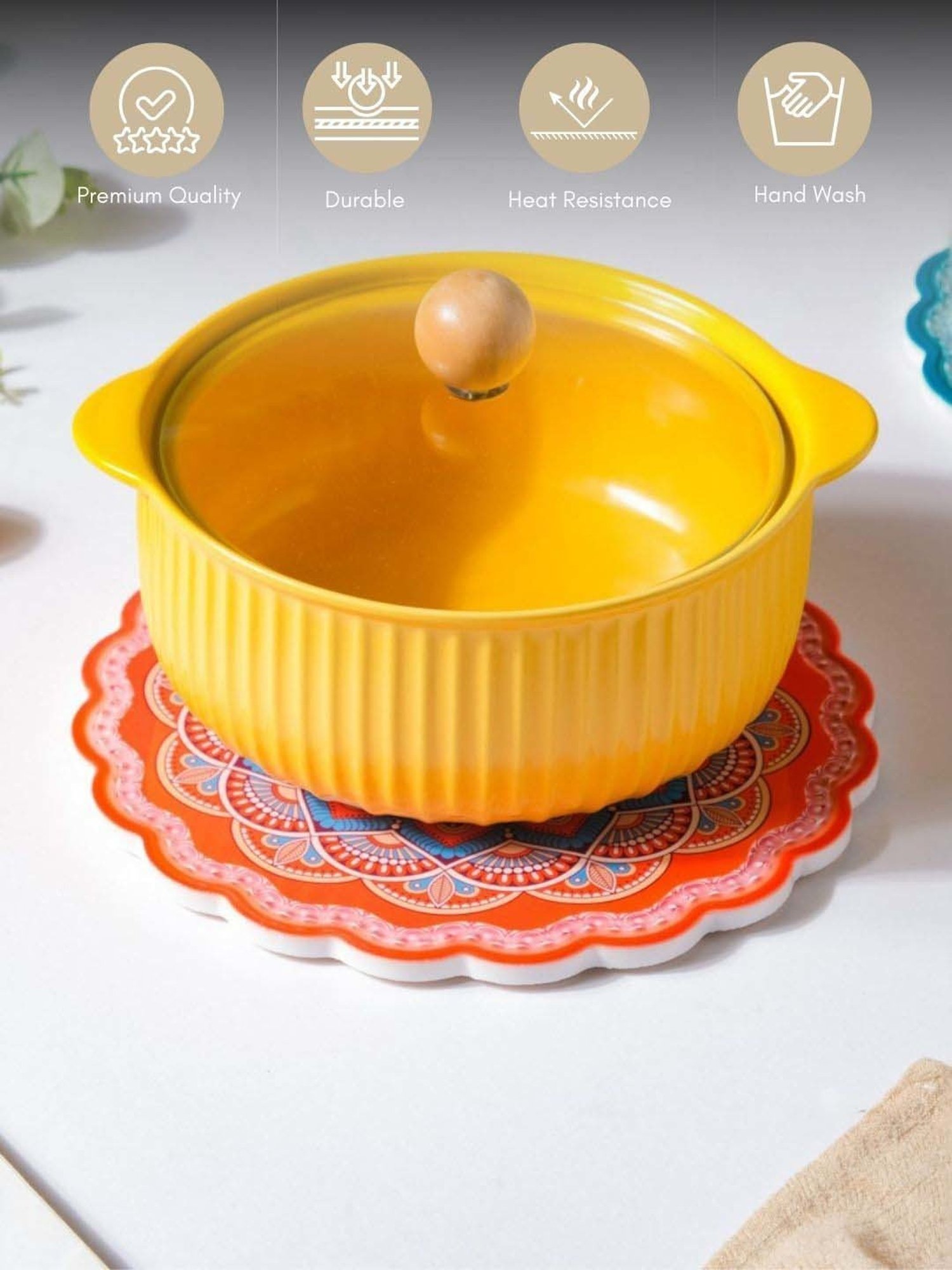 Nestasia Orange & Blue Round-Shaped Floral Mandala Patterned Ceramic Tray for Serving, 8-inch