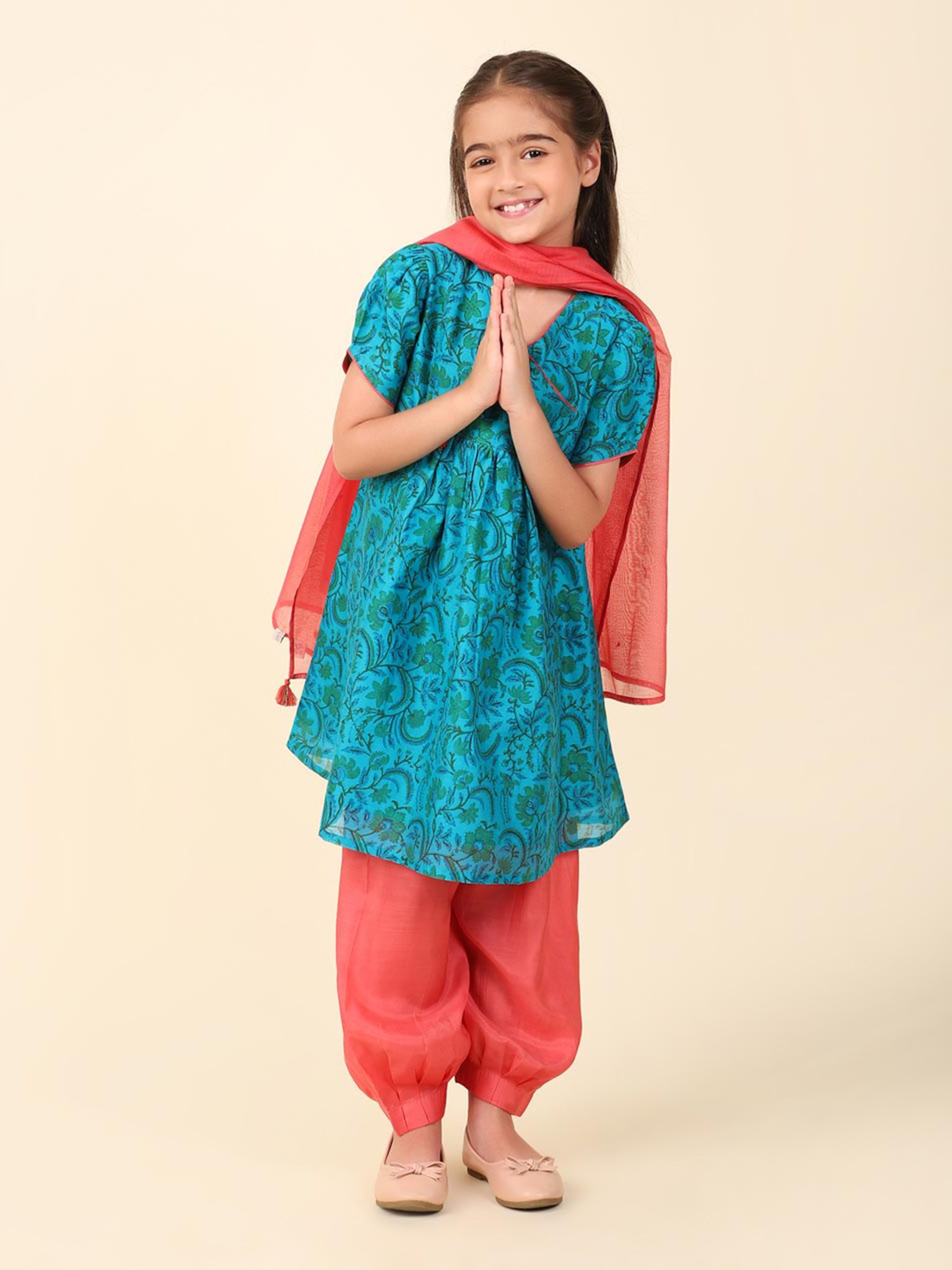 Fabindia Kids Teal & Coral Floral Print Kurta, Salwar With Dupatta