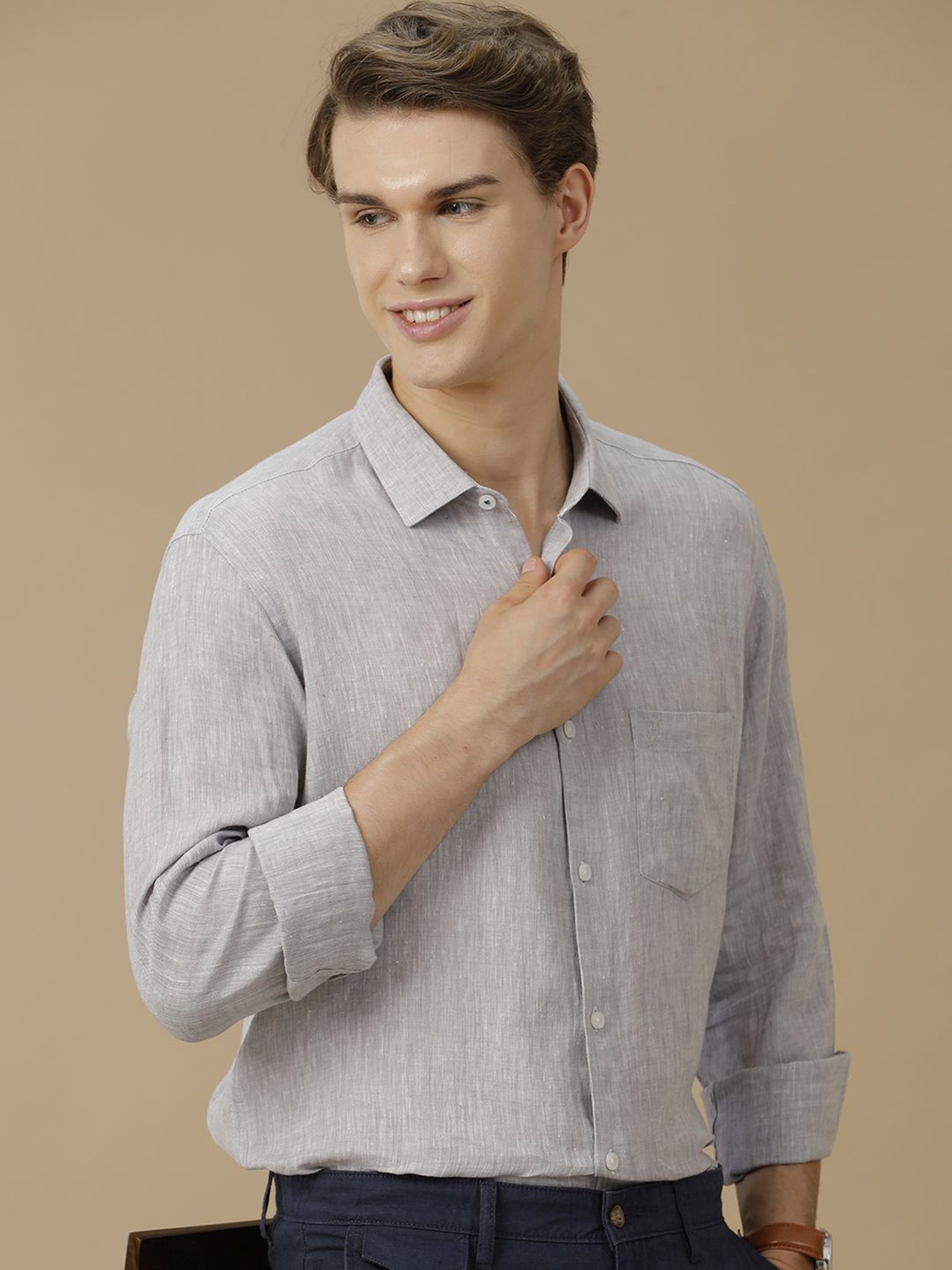 Linen Club Grey Linen Contemporary Fit Texture Shirt