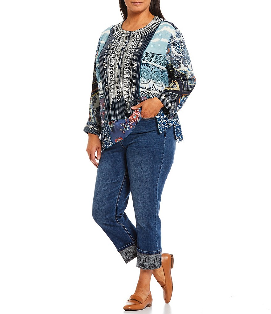 John Mark Plus Size Long Sleeve Jewel Neck Multi Print Embroidery Button Front Tunic