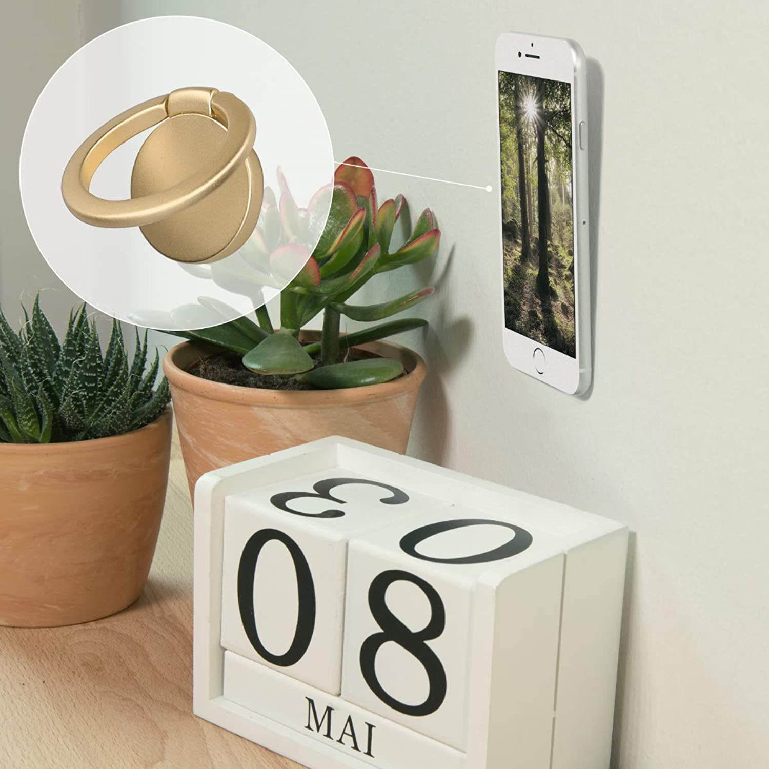 kwmobile Phone Ring Holder Stand - Gold Finger Grip and Kickstand for Cases and Back of Phones - Self-Adhesive Stick-On Mount - Round Design