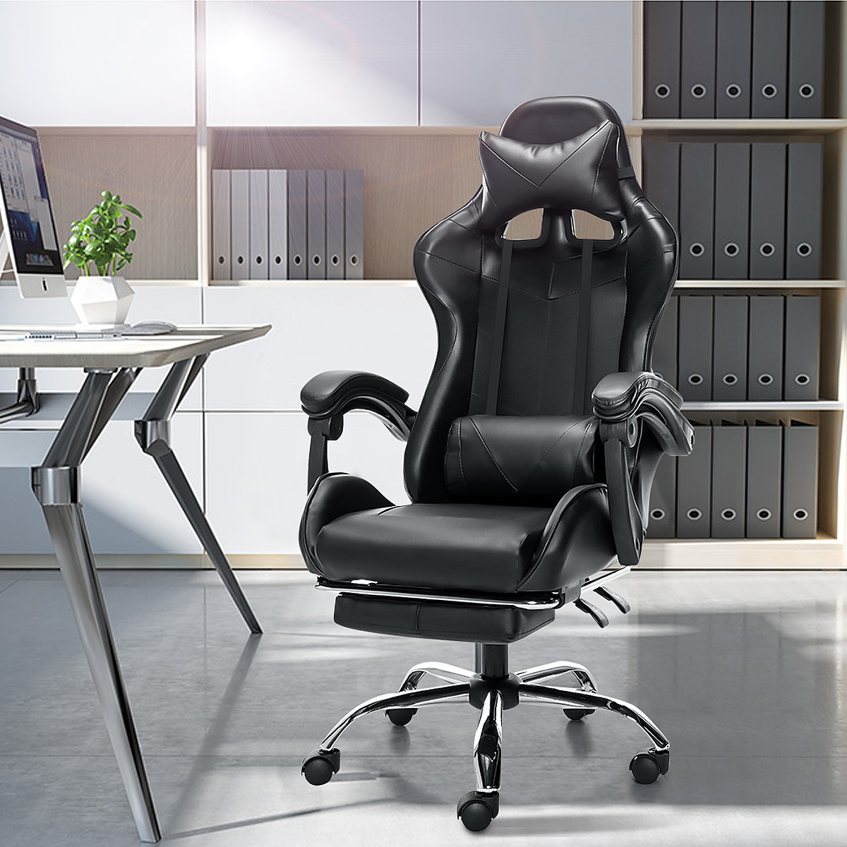 Leather Home Office Gaming Chair High Back Swivel Recliner Seat with Footrest