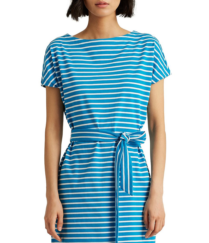Lauren Ralph Lauren Petite Size Striped Cotton Jersey Boat Neckline Sash Short Sleeve Belted Dress