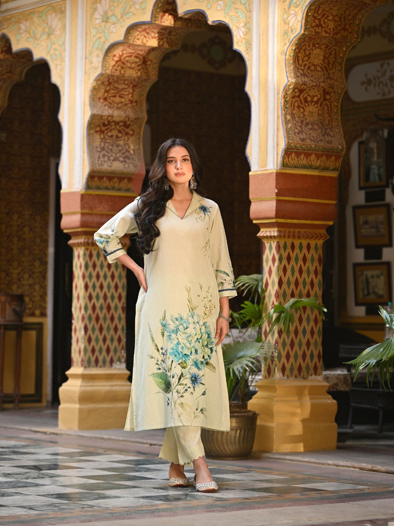 Mahee Jaipur Linen Cotton Aqua Blue floral Placement Print Kurta Set