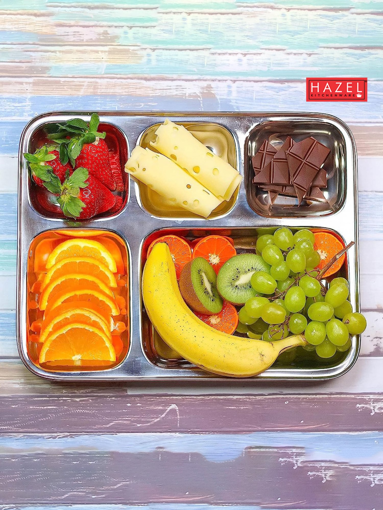 HAZEL Stainless Steel 5 Compartment Mess Plate Rectangle Bhojan Thali with Square Holes