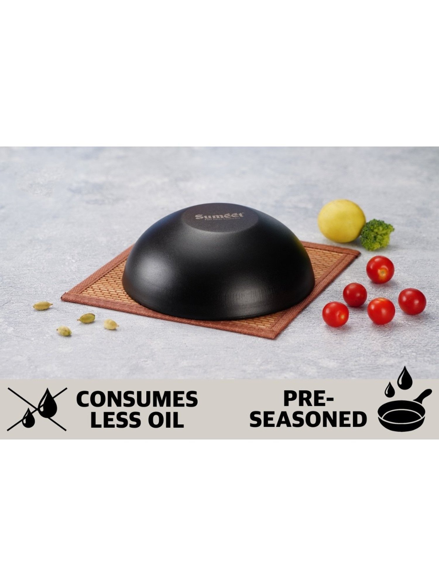 Sumeet Pre Seasoned Carbon Steel (Iron) Deep Tasra for Frying|17.3cm-950ml, Gas & Induction-Friendly