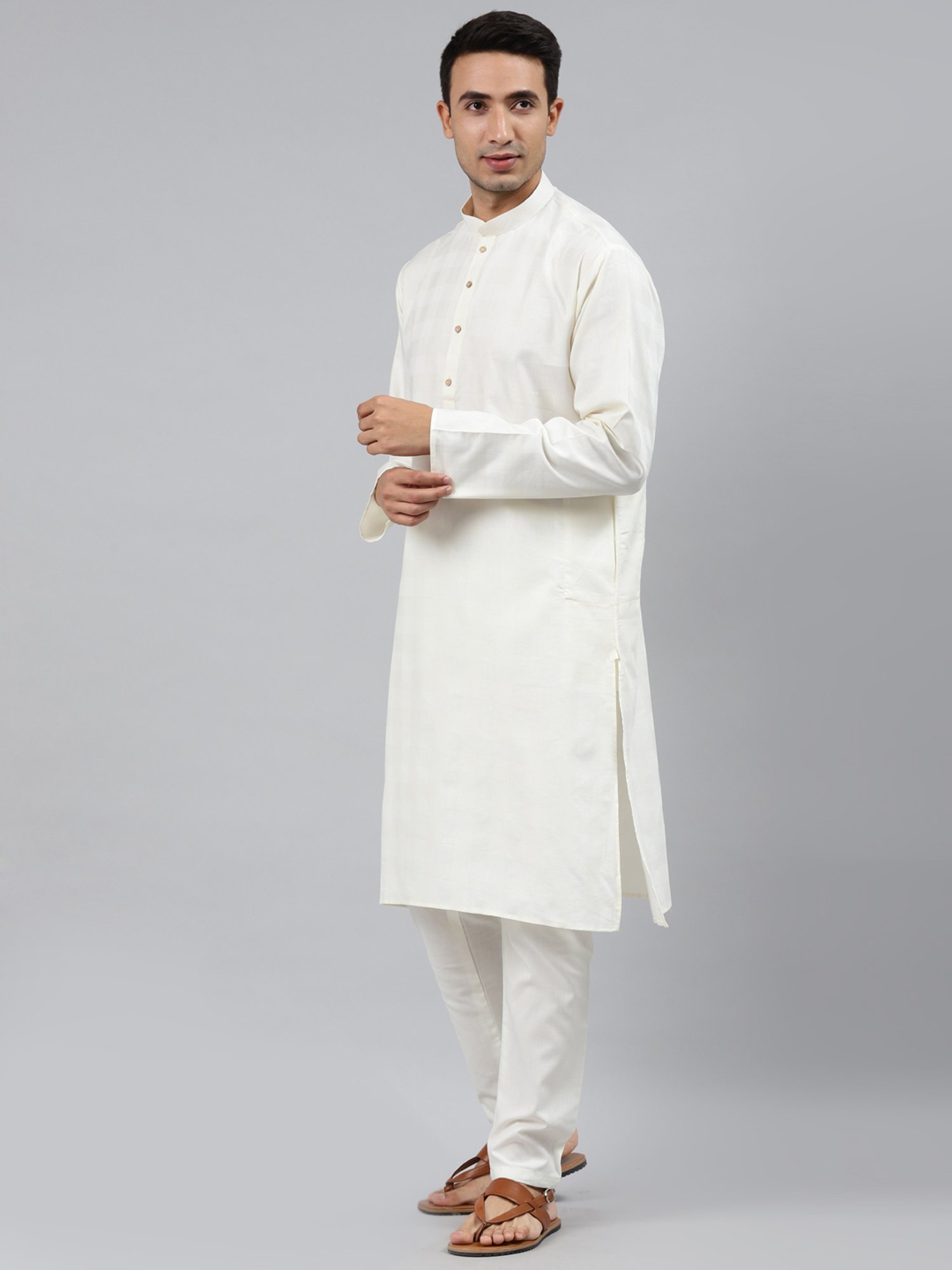 ManQ Cream Regular Fit Self Pattern Ethnic Wear