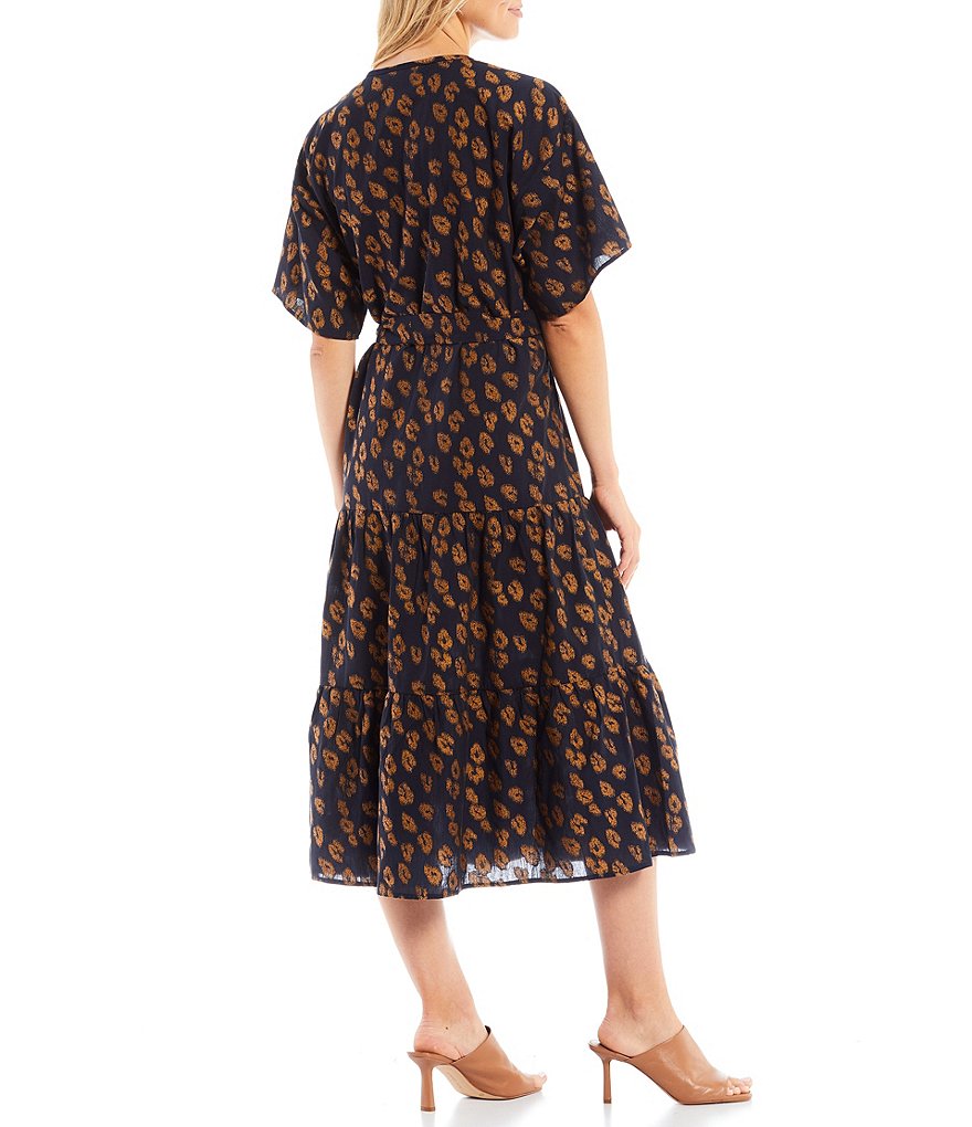 Trina Turk Diffused Leopard Print V-Neck Elbow Short Sleeve Tie Waist A-Line Midi Dress