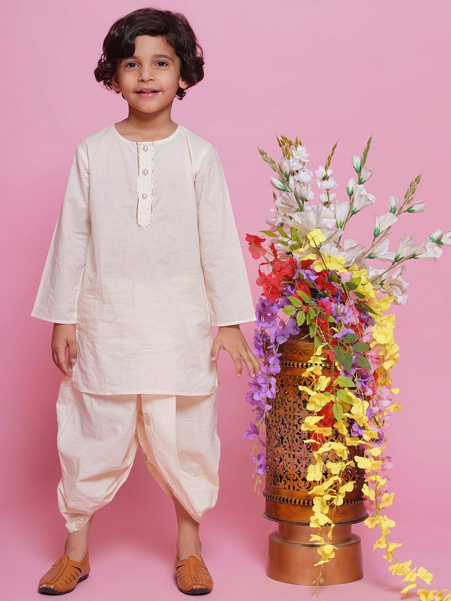 Little Bansi Boys Cream Self Design Full Sleeves Kurta, Dhoti with Jacket