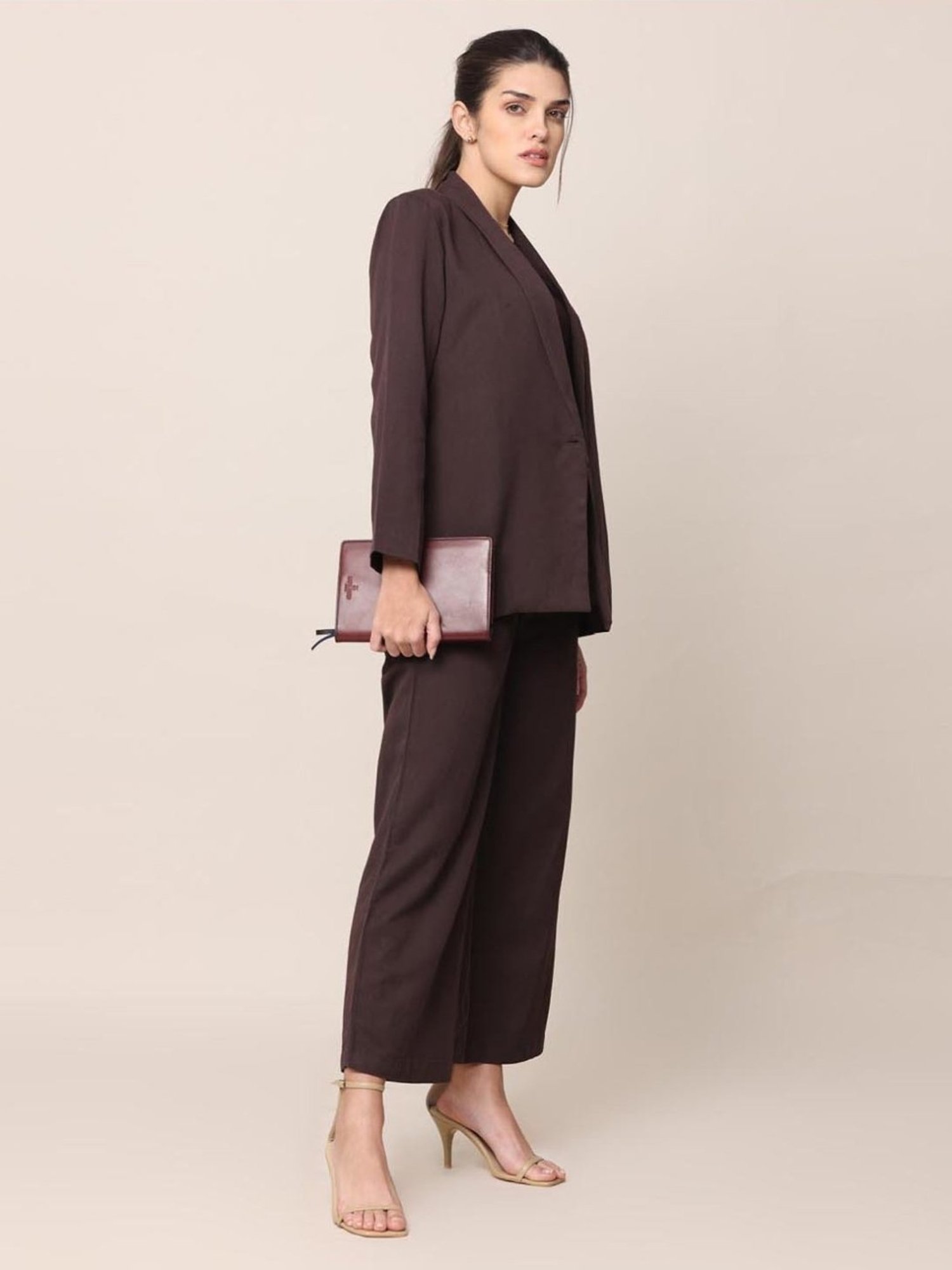 Saltpetre Classic Tencel All Season Coffee Blazer with Top & Trousers 3 piece Co-ord Set