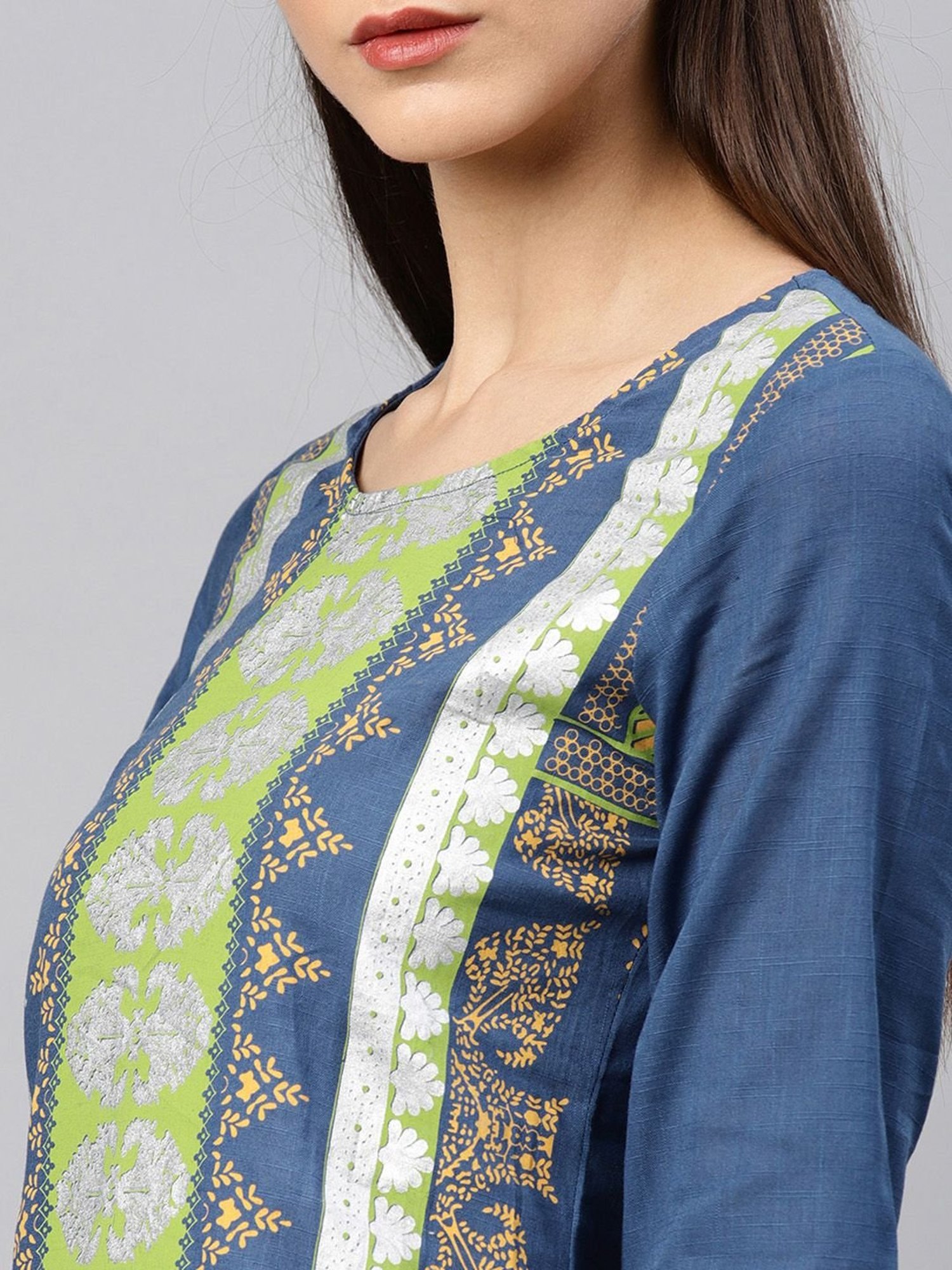 Alena Blue Cotton Printed Straight Kurta