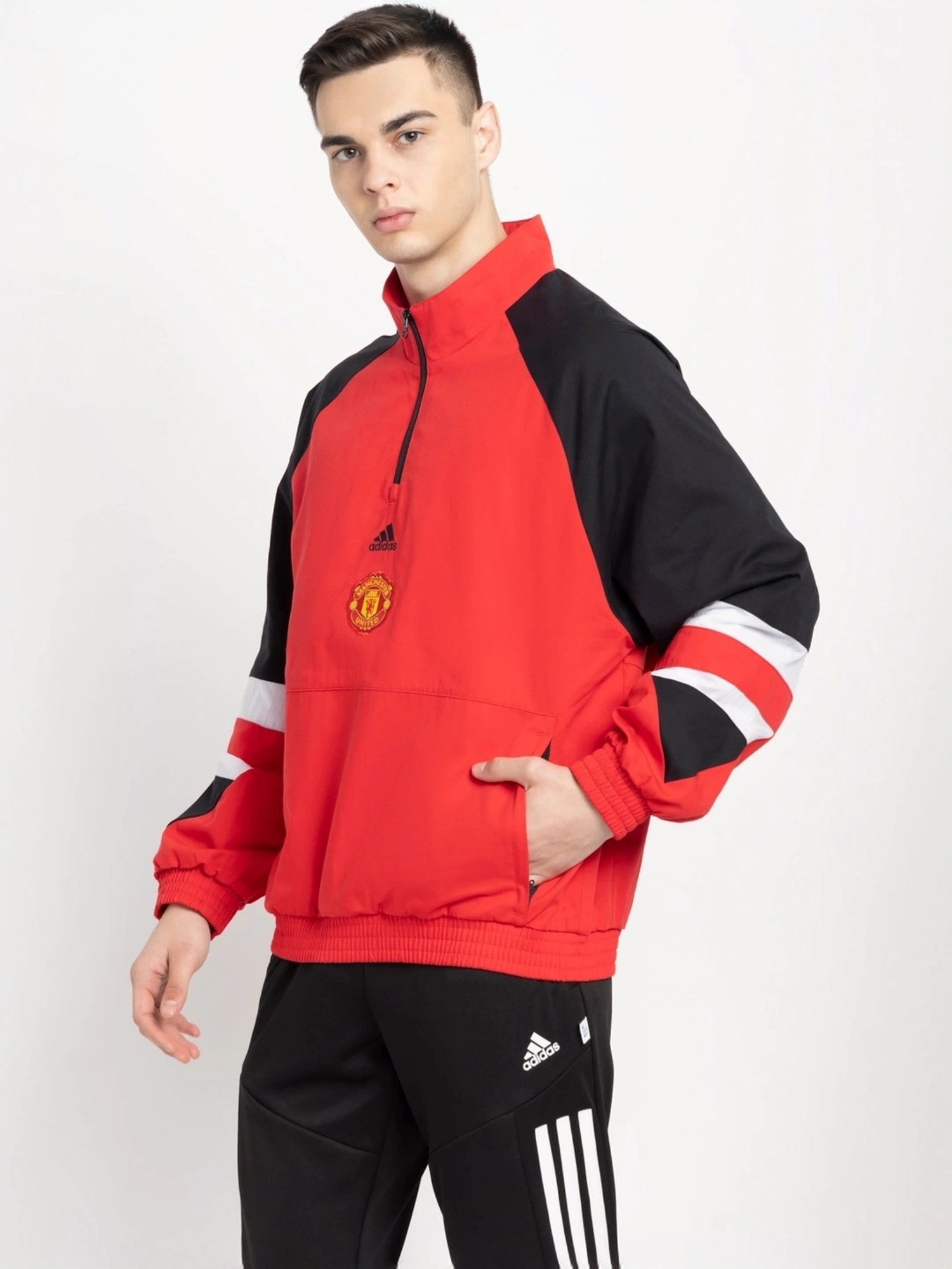 Adidas Red Cotton Loose Fit Colour Block Sports Jacket