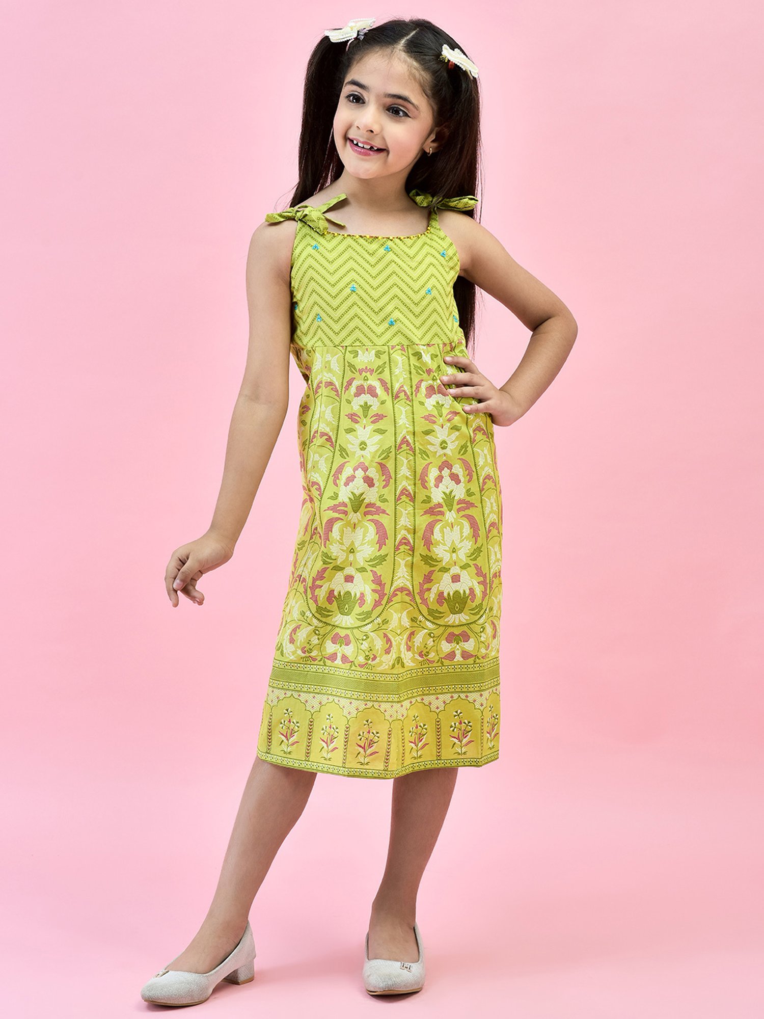 Juniper Girls Green Floral Print Anarkali Dress