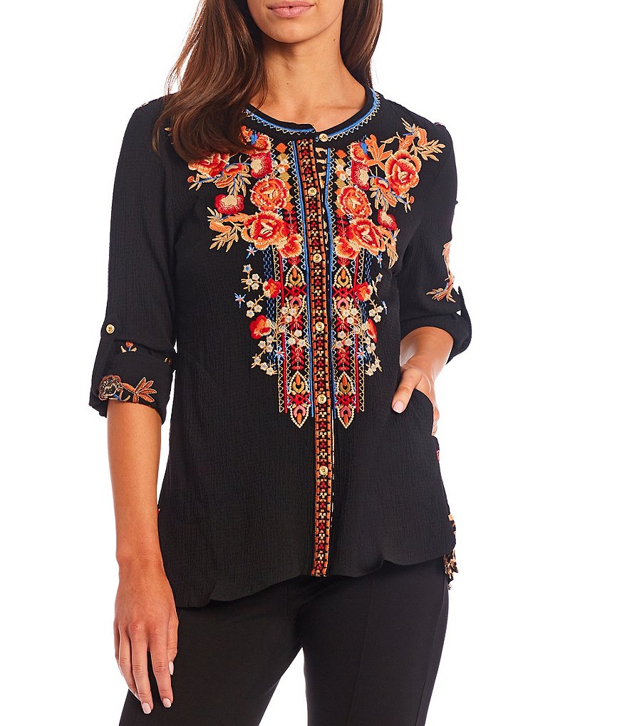 Calessa Petite Size Floral Embroidery Round Neck Button Front Long Roll-Tab Sleeve Tunic