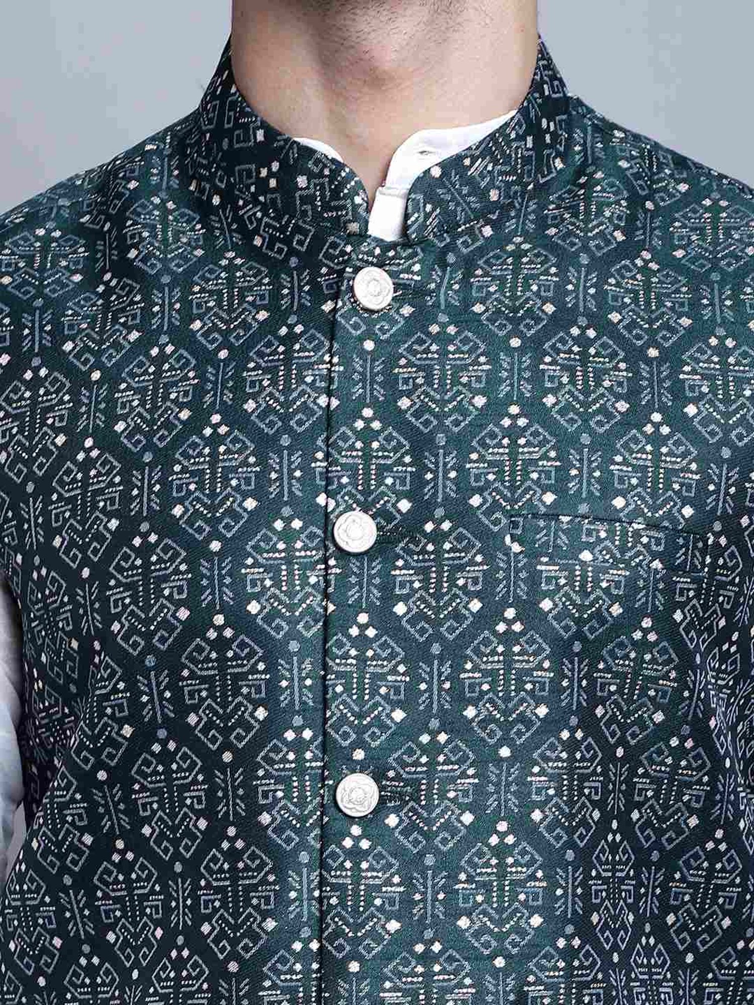 Jompers Olive Regular Fit Printed Nehru Jacket