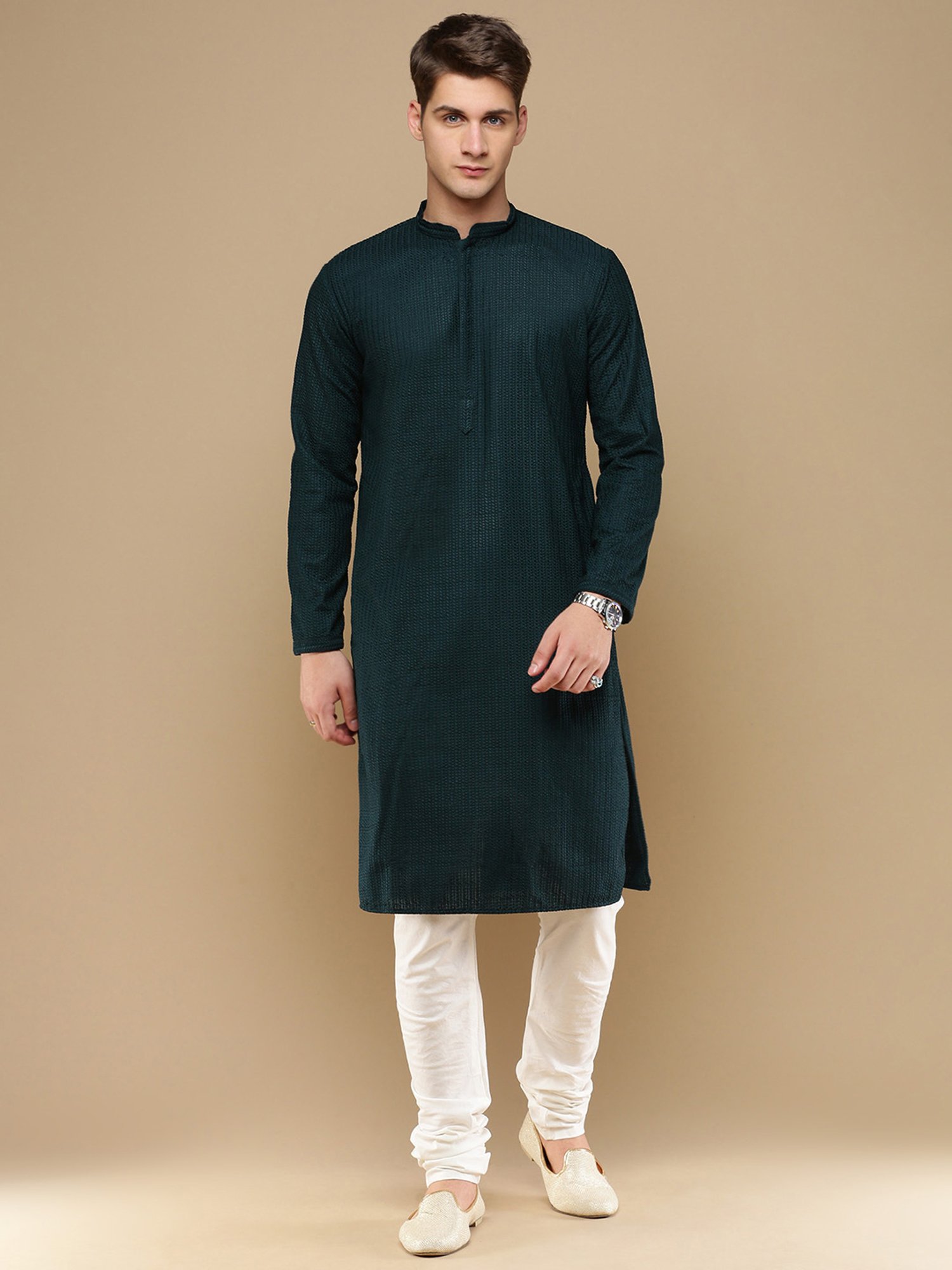 Sanwara Dark Green & White Regular Fit Chikankari Kurta & Churidar Set