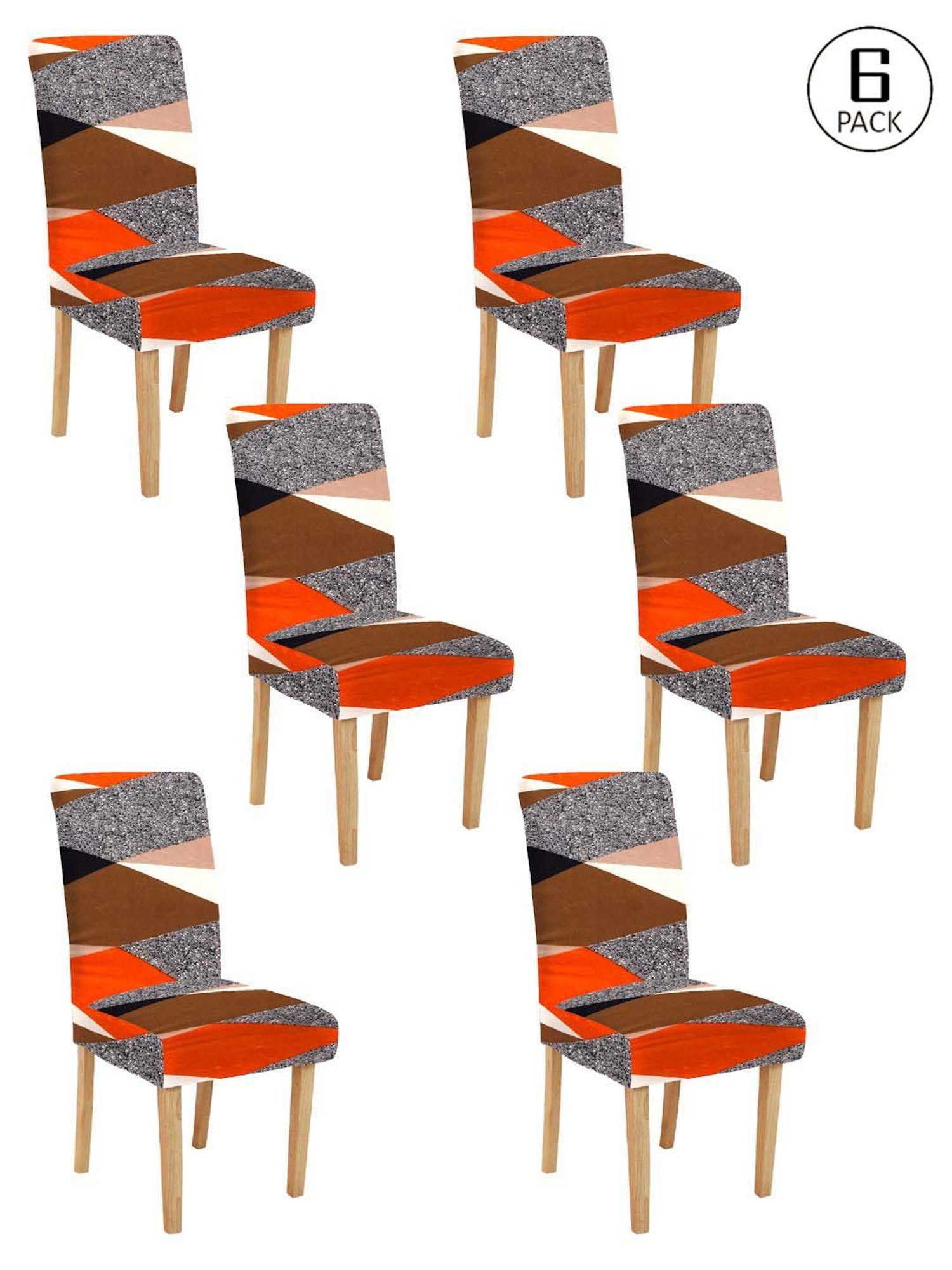 HOSTA HOMES Grey & Orange Polyester Stretchable Printed Chair Cover - Set of 6