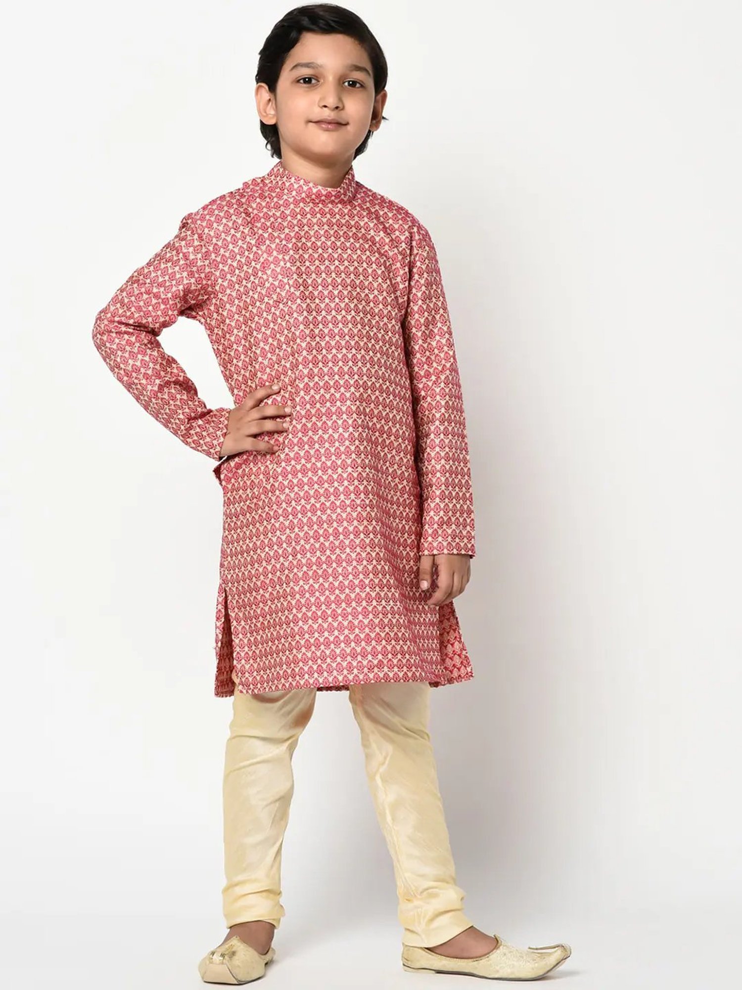 Deyann Kids Pink & Cream Embroidery Full Sleeves Kurta with Pyjamas